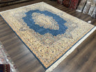 Persian Kirman Rug 8x10, Vintage Oriental Carpet, Wool Handmade Rug, Sky Blue Beige, Signed Area Rug, Semi Open Field Floral Medallion Rug - Jewel Rugs