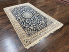 Very Fine Persian Nain Rug 3.7 x 6, Floral Medallion, Wool and Silk Accents, Highly Detailed, Hand Knotted Oriental Carpet, Navy Blue Ivory/Cream - Jewel Rugs