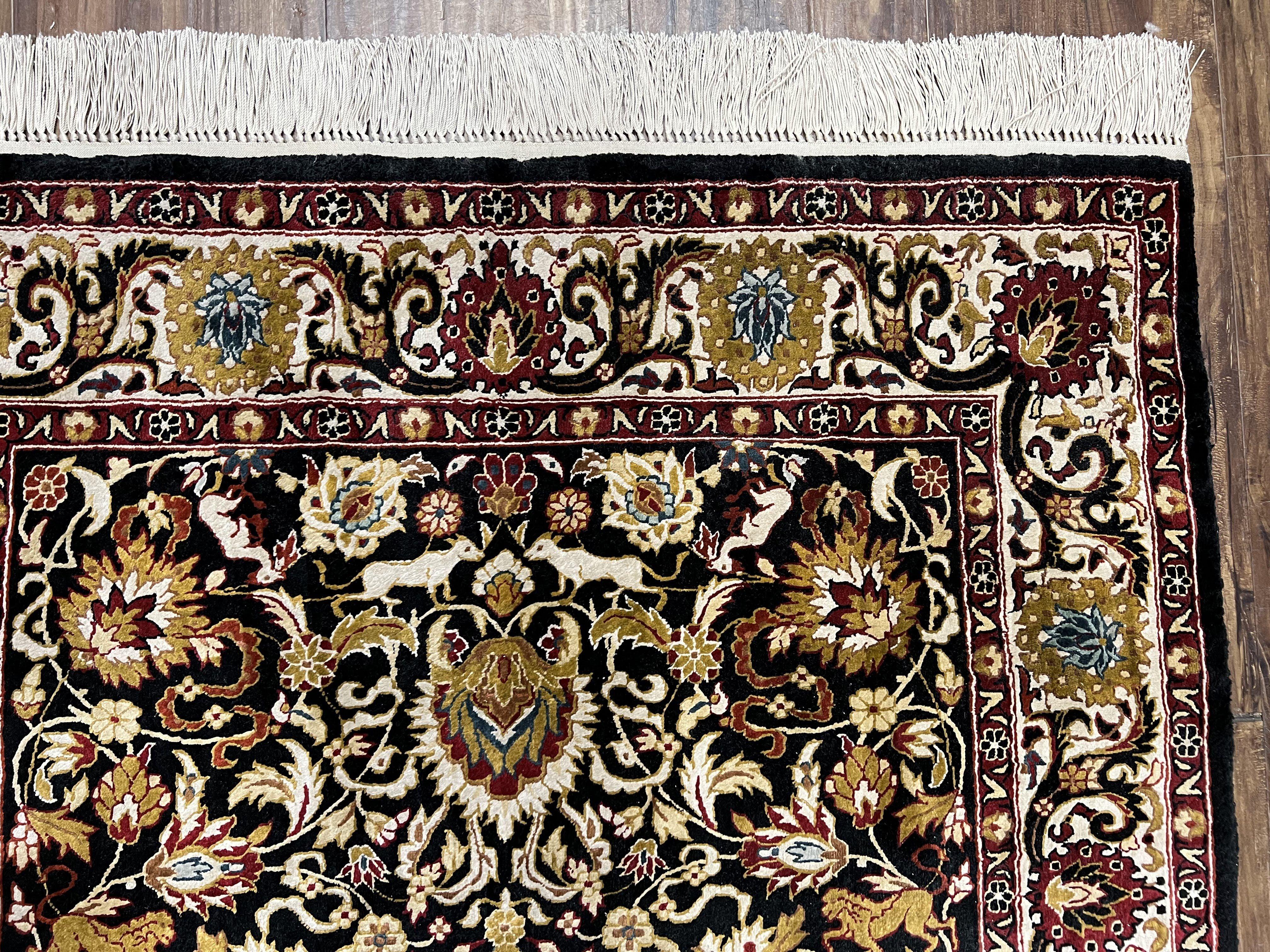 Sino Persian Silk Rug 3x5 Oriental Carpet 3 x 5 Fine Silk Rug, Black Ivory Gold, Animal Motifs, Flowers, High Quality, Vintage Silk Rug Wow - Jewel Rugs