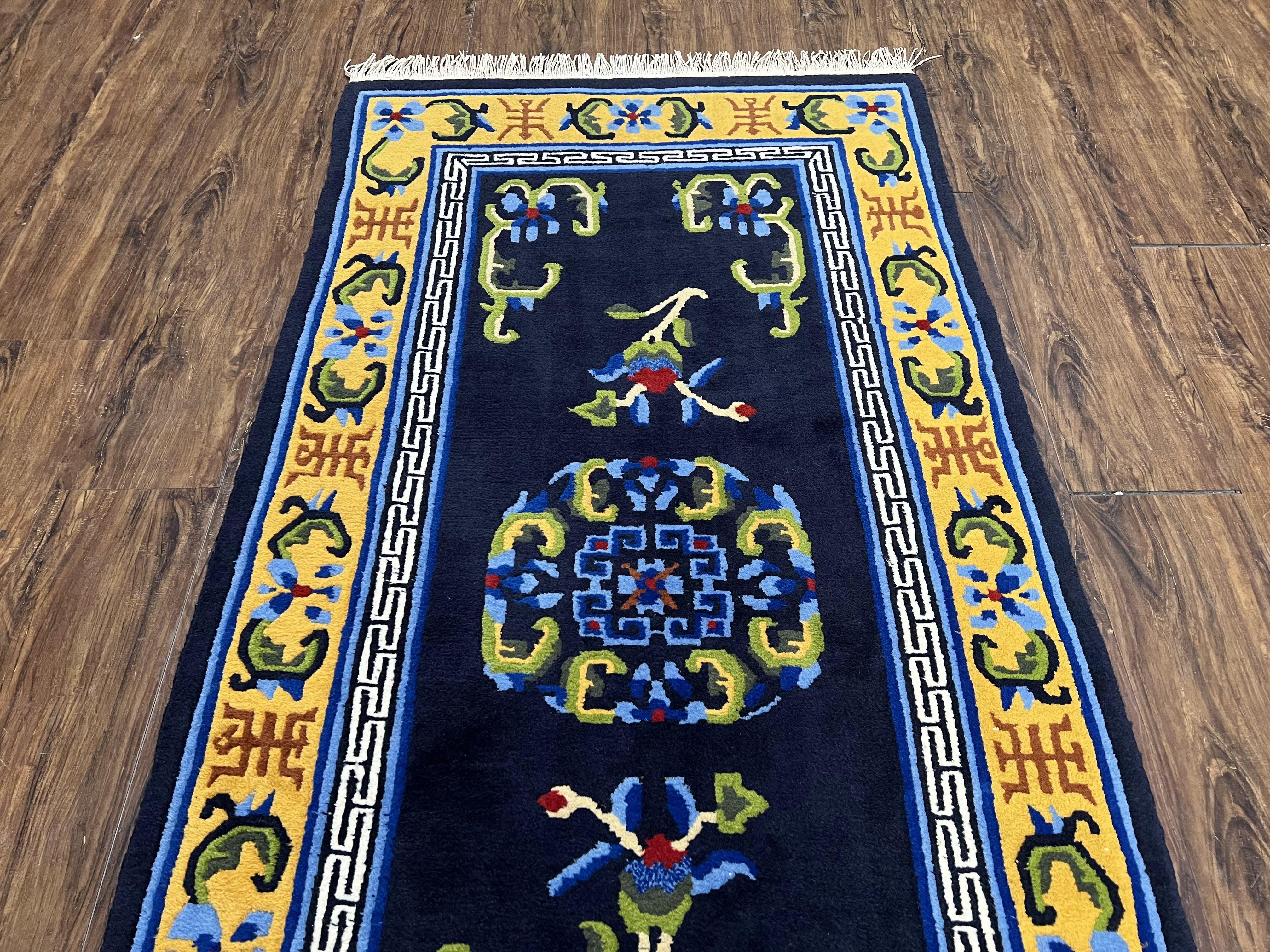 Chinese Art Deco Rug 3 x 5.9, Handmade Chinese Peking Carpet, Dark Blue and Gold, Medallion, Asian Oriental 3x6 Hand Knotted Vintage Rug - Jewel Rugs