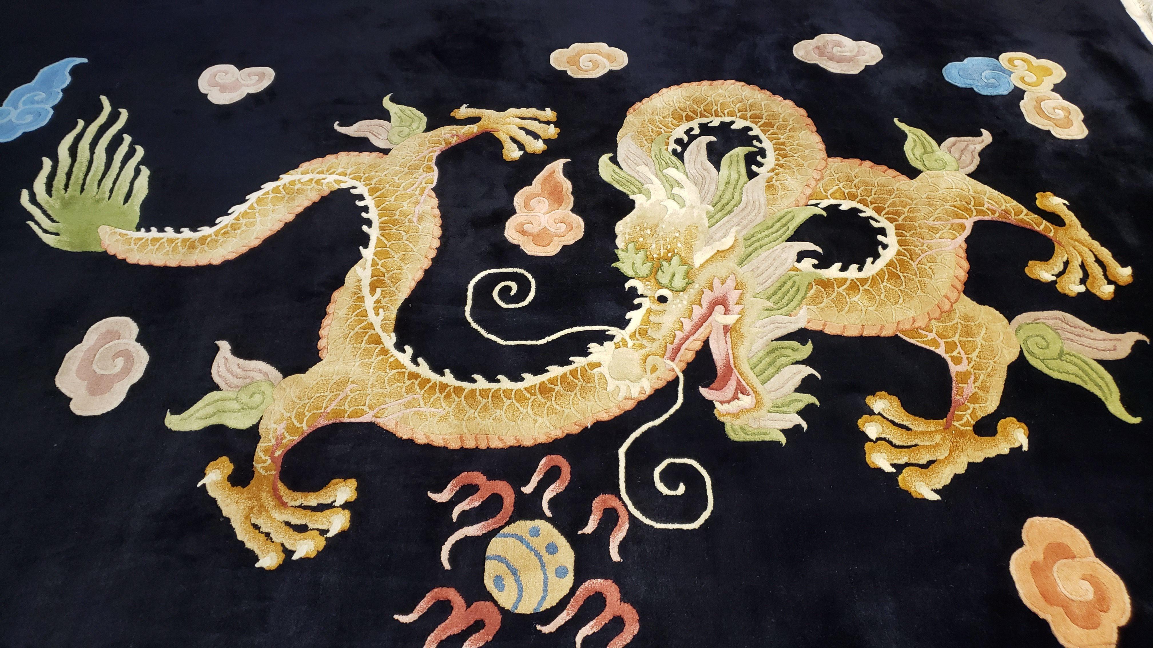 Rare Antique Chinese Art Deco Rug 6x9 with Dragon, Black Chinese Carpet 6 x 9, Hand Knotted Wool Area Rug - Jewel Rugs