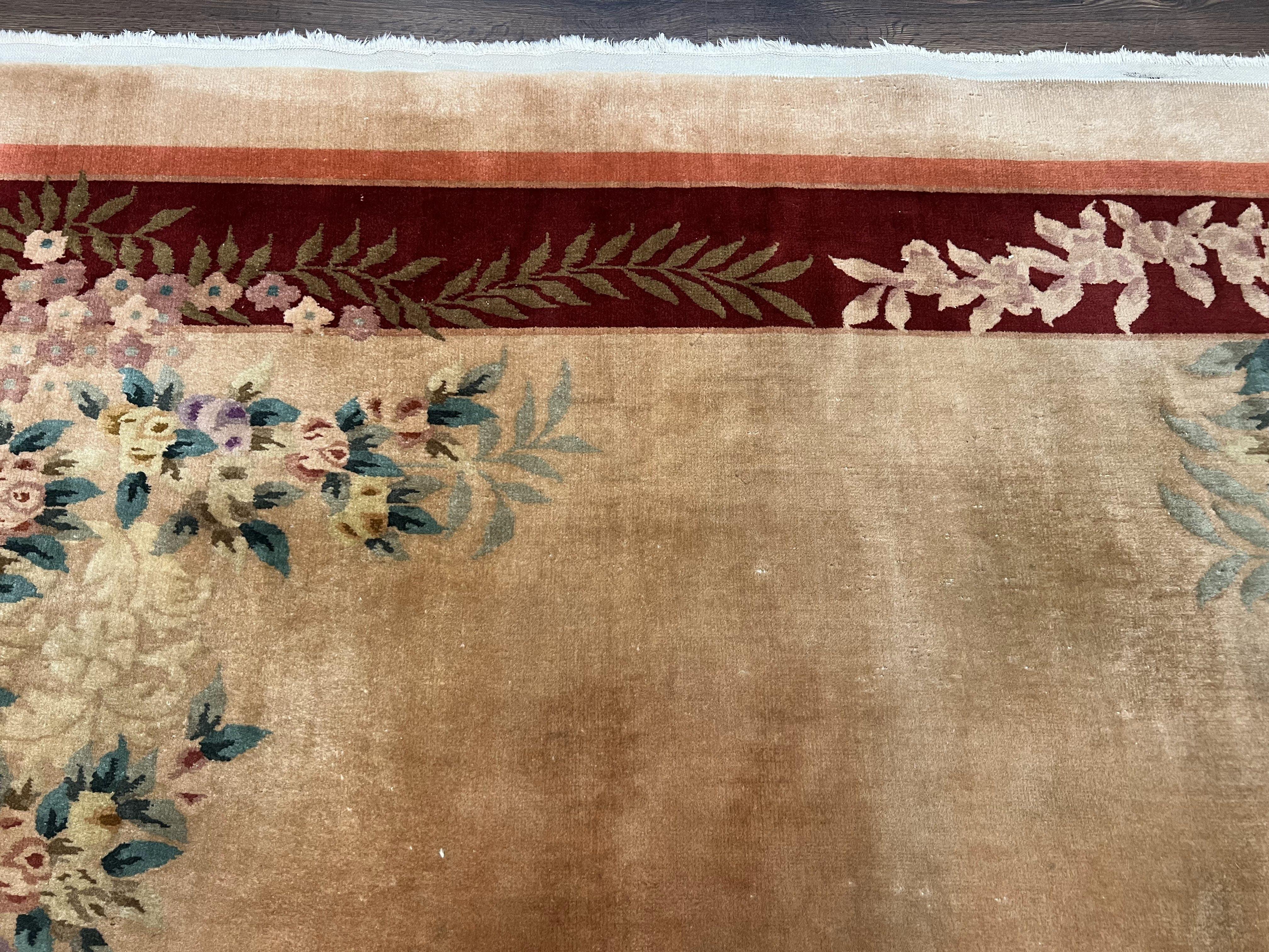 Chinese Art Deco Rug 9x12, Simple Design, Vintage Antique Asian Oriental Carpet, Handmade Wool Rug, Apricot and Maroon, Floral, 1950s Rug - Jewel Rugs