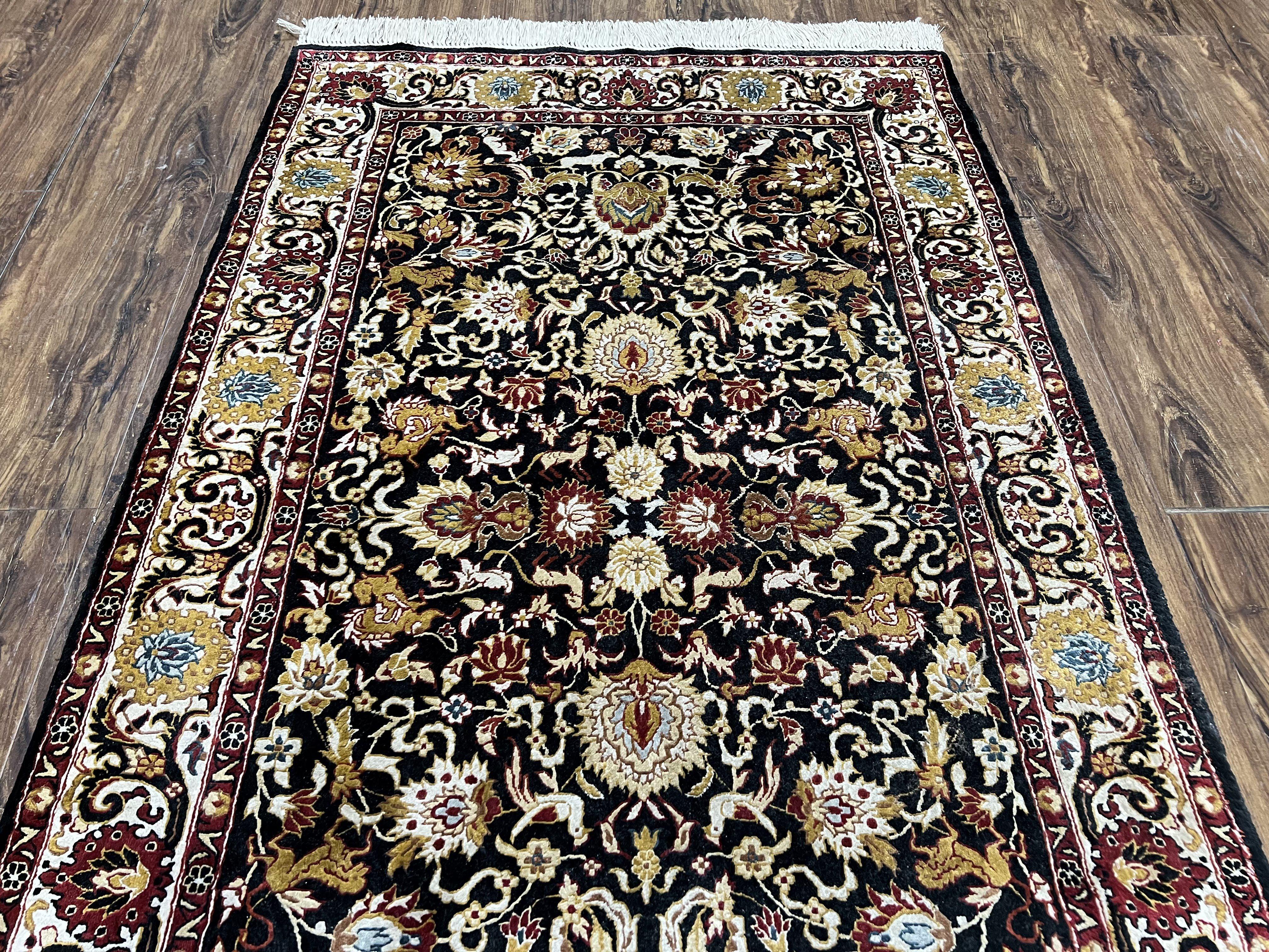 Sino Persian Silk Rug 3x5 Oriental Carpet 3 x 5 Fine Silk Rug, Black Ivory Gold, Animal Motifs, Flowers, High Quality, Vintage Silk Rug Wow - Jewel Rugs