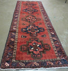 Persian Runner Rug 3.5 x 9.8, Persian Hamadan Rug with Kazak Pattern, Antique Wool Oriental Tribal Runner, Repeated Medallions, Handmade Hallway Kitchen Runner Rug, Red Navy Blue - Jewel Rugs