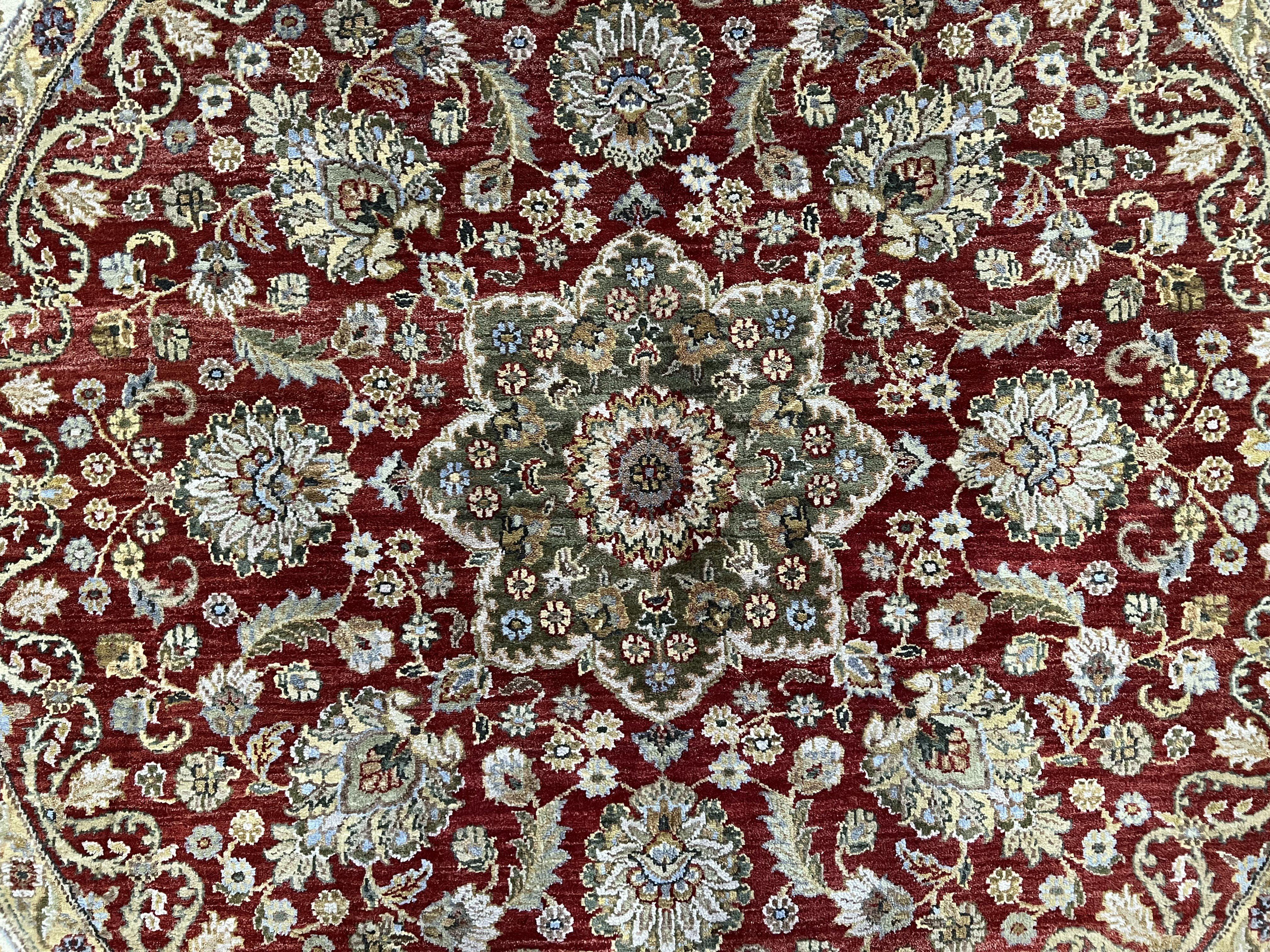 8ft Round Hand Knotted Rug, Unique Flower Petal Shape, 8x8 Circular Wool Carpet Handmade, Burgundy Cream Multicolor Floral Medallion Allover - Jewel Rugs