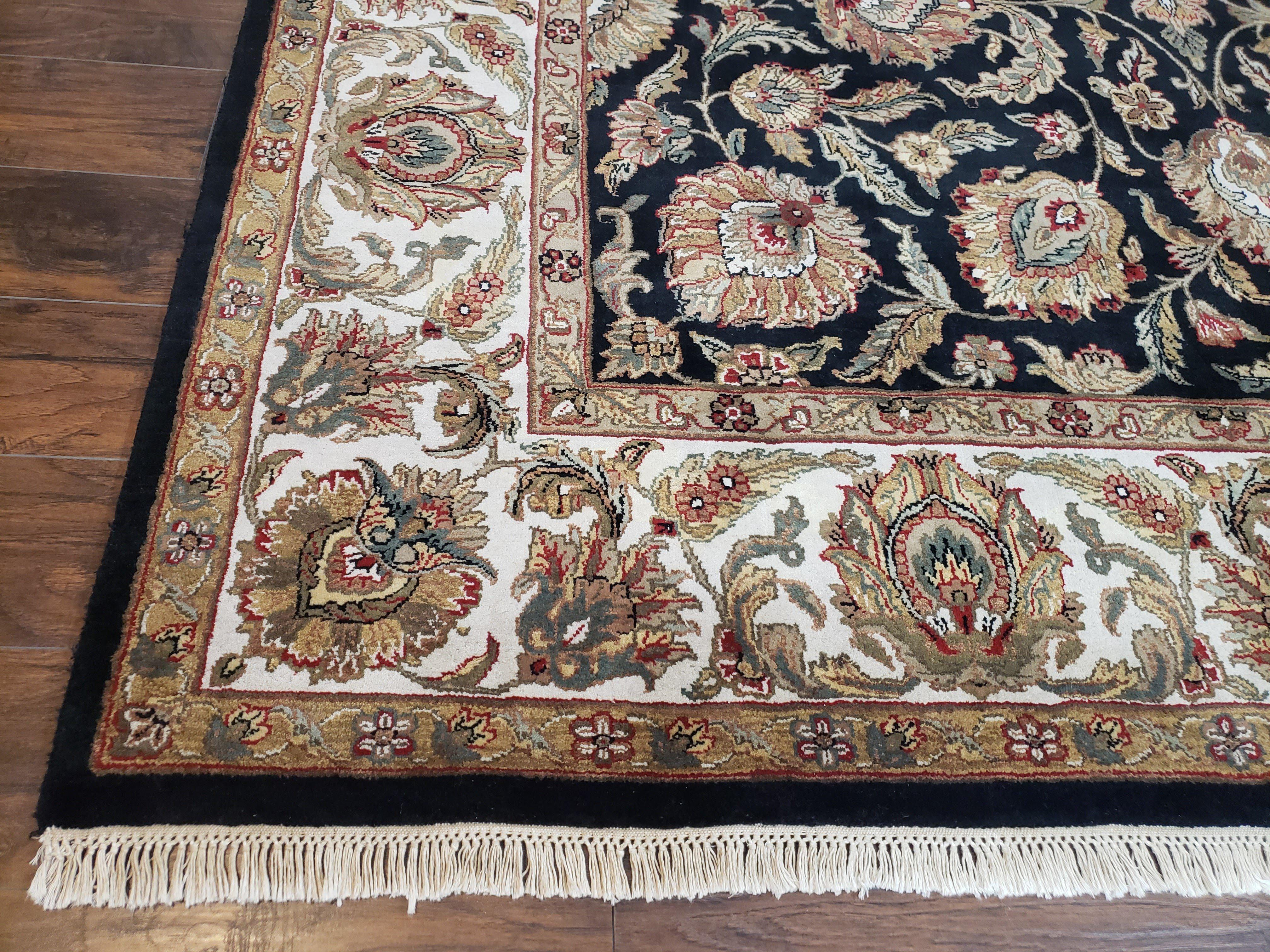 Indo Mahal Rug 9 x 12.6, Room Sized Indian Carpet, Black Ivory Tan, Handmade Wool Area Rug for Living Room, Large Floral Design Allover - Jewel Rugs