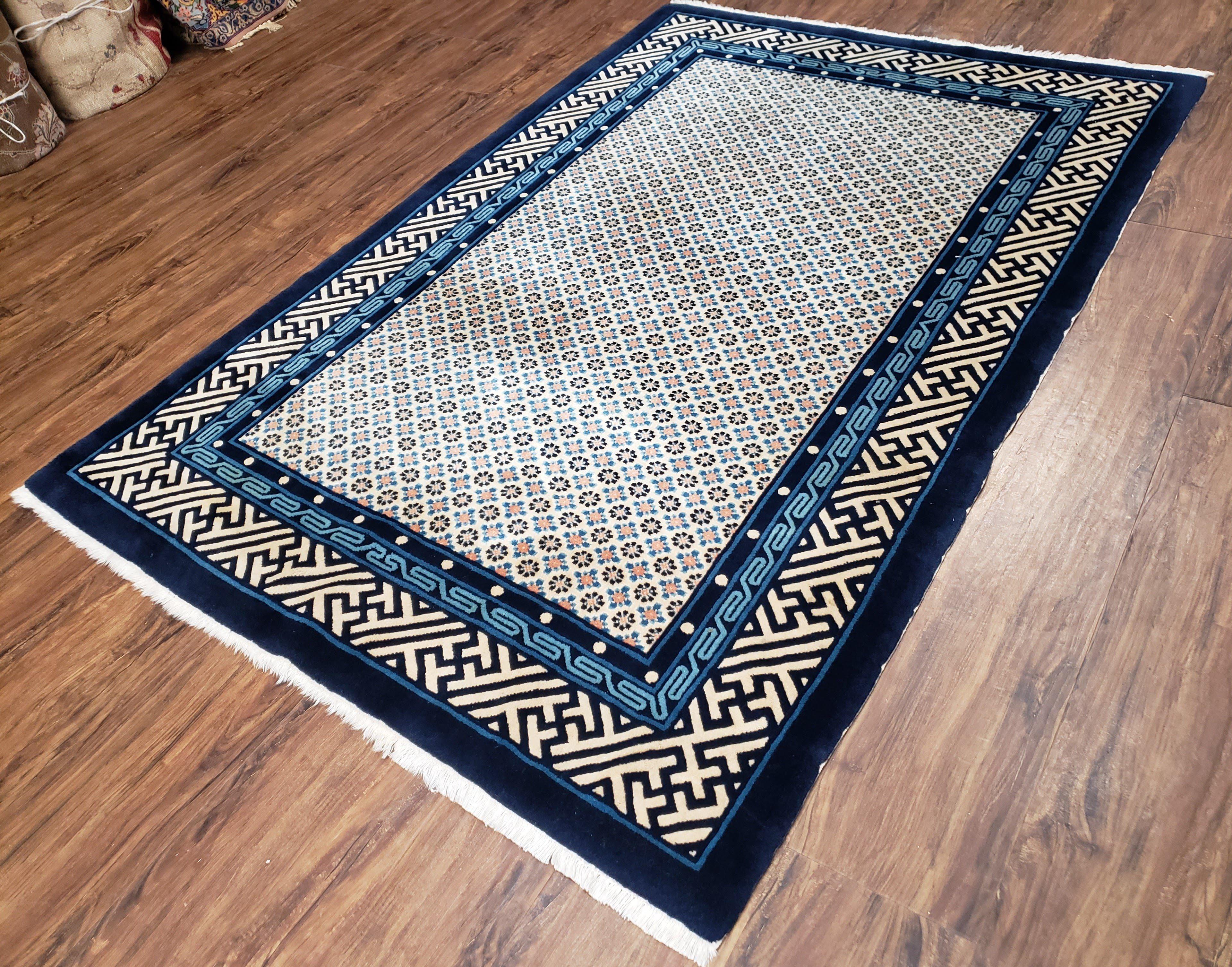 Vintage Chinese Peking Area Rug 4x6, Wool Hand-Knotte, Dark Blue Ivory Chinese Art Deco Carpet, 4 x 6 Foyer Room Asian Oriental Rug, 6x4 Rug - Jewel Rugs