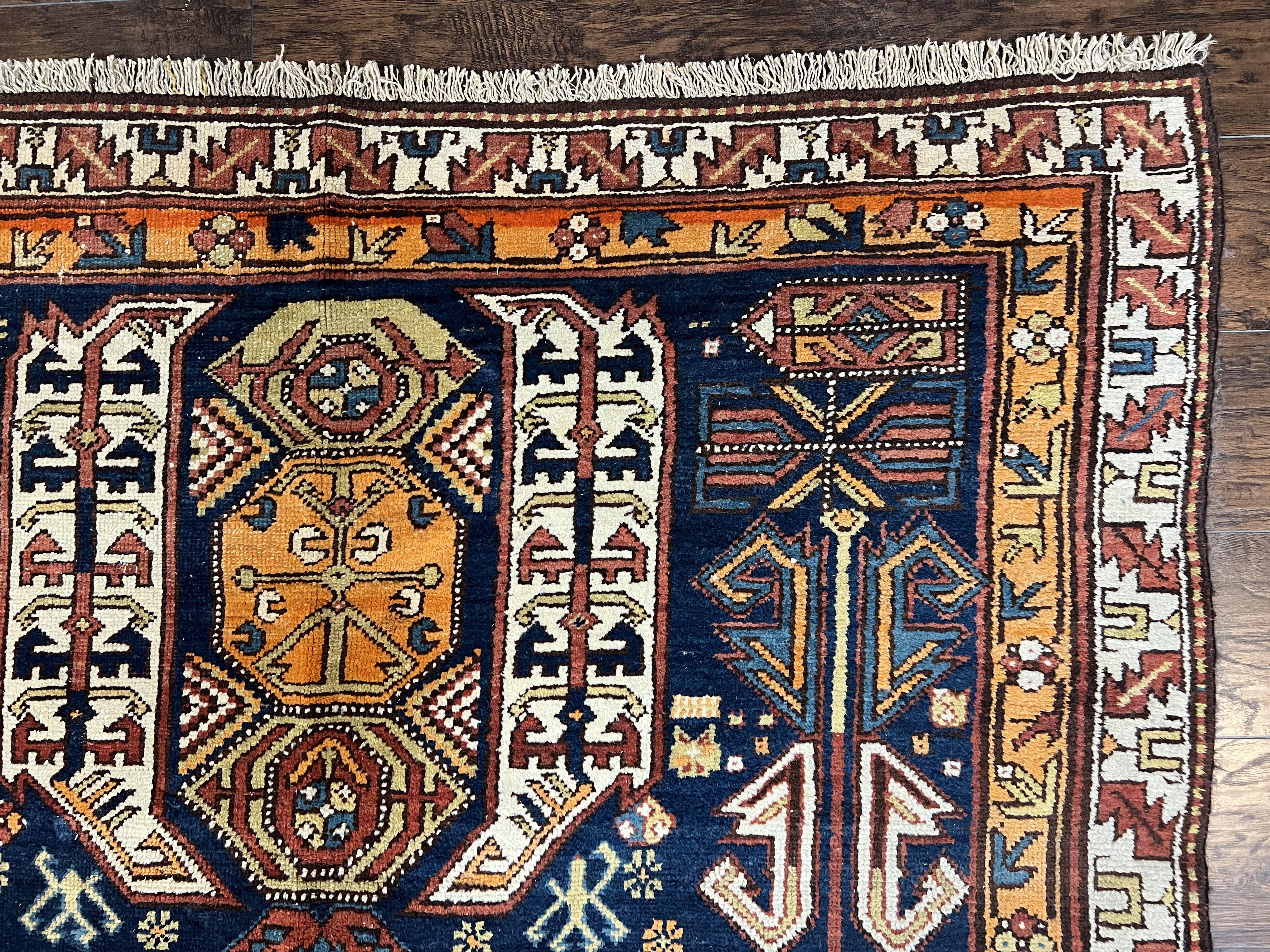 Antique Persian Kurdish Rug 5.6 x 9.8, Kurdish Tribal Carpet, Wool Tribal Rug, Geometric Rug, Bohemian Rug, Boho Rug, Navy Blue Cream Orange - Jewel Rugs