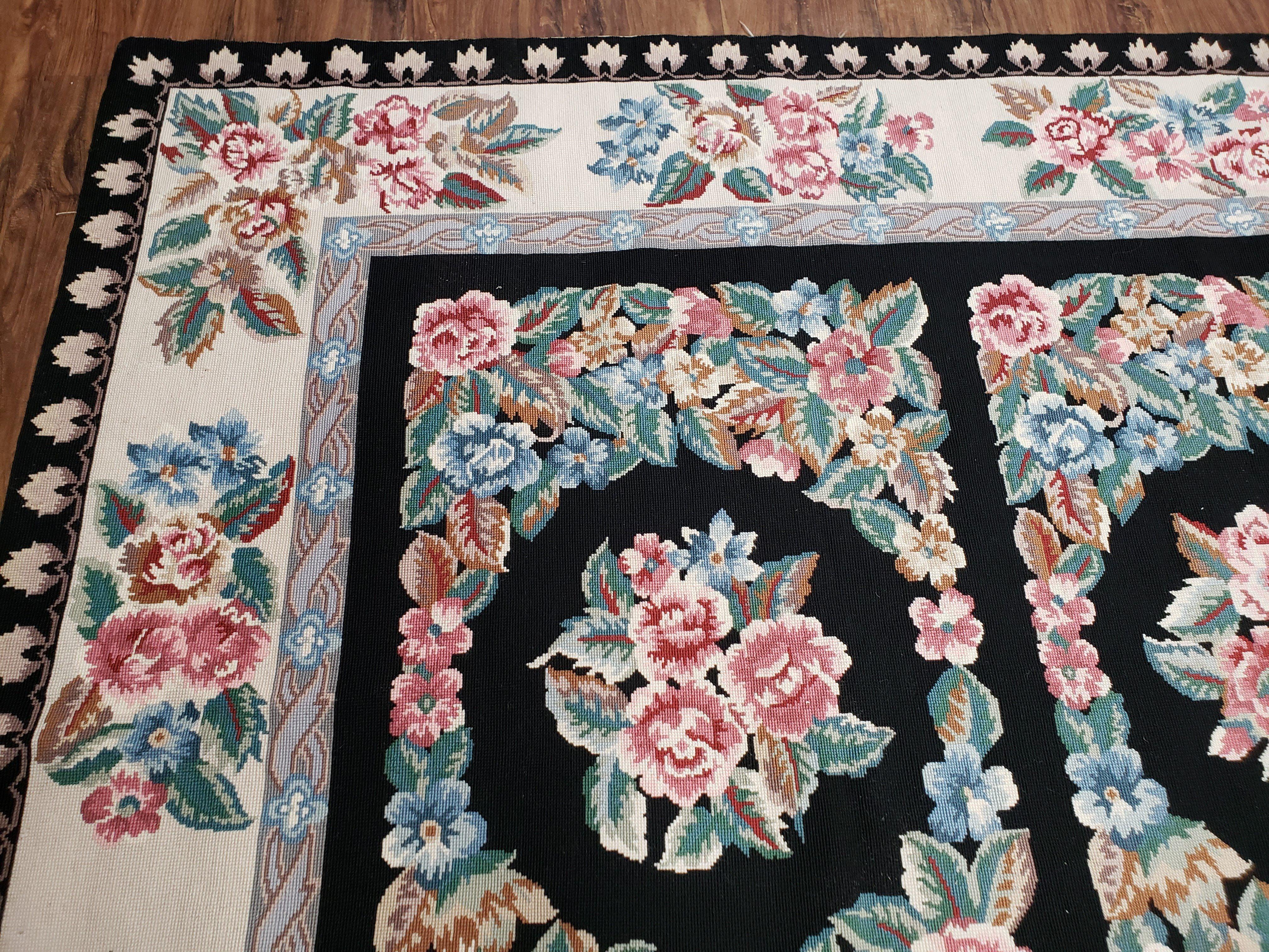 Floral Panel Needlepoint Rug, 9x13 - 10x14 Aubusson Rug, Large Needlepoint with Flowers, Black and Ivory Flatweave Aubusson, Multicolor - Jewel Rugs