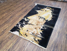 Small Chinese Rug 2'6" x 4' 4", Black Chinese Rug, Boat Ship at Sea with Seagulls, Chinese Art Deco Rug, Vintage 1960s Hand-Knotted Handmade - Jewel Rugs