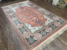 Karastan Rug 5.9 x 9 Bergama Design #737, Wool Karastan Area Rug, Vintage Carpet 6x9, Original Collection 700 Series, Salmon Red Light Blue - Jewel Rugs