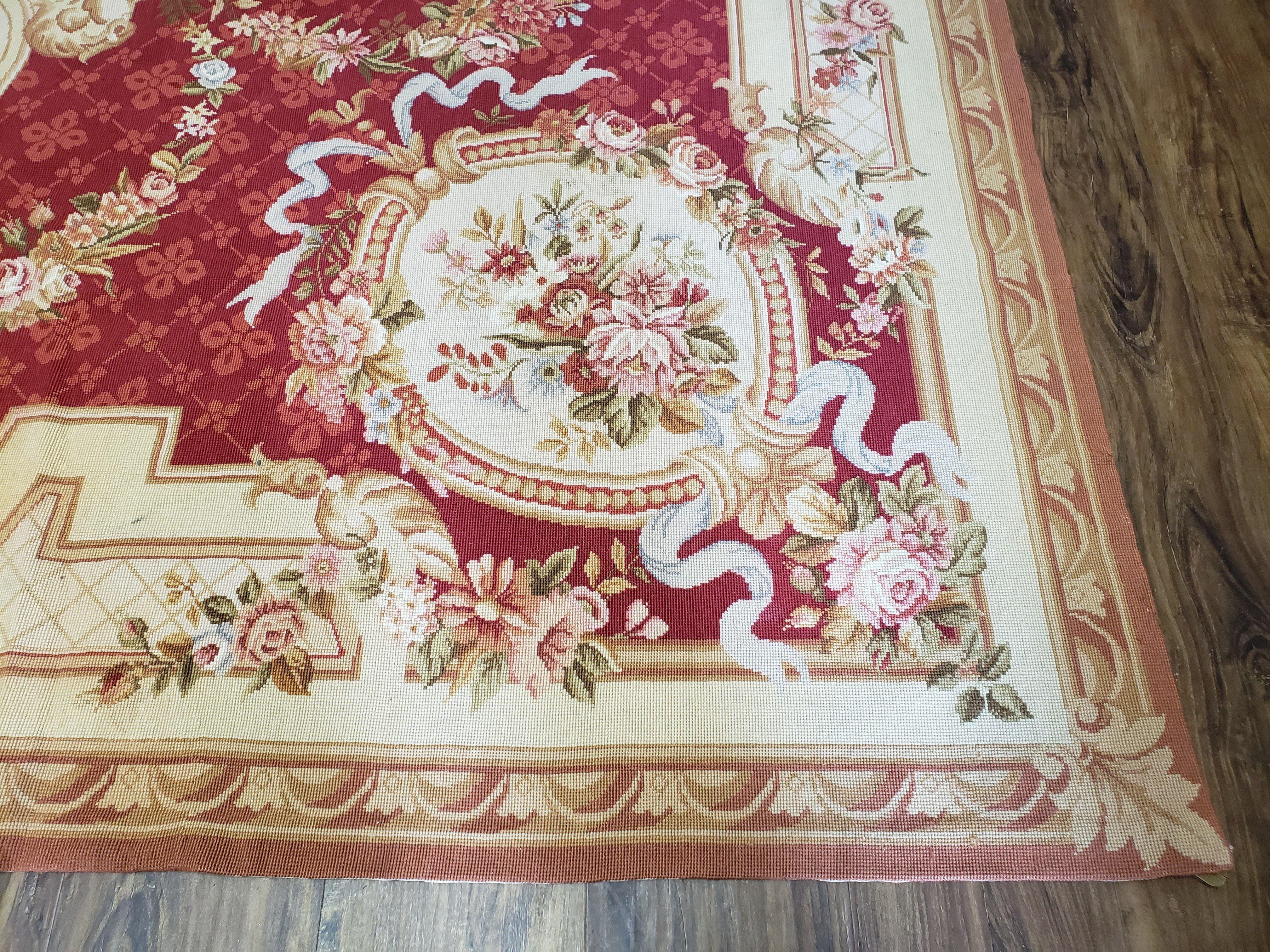 Vintage Aubusson Rug, Aubusson Savonnerie Needlepoint Area Rug 8x11, Handmade Wool Red & Ivory Chinese Aubusson European Carpet, Flat Pile - Jewel Rugs