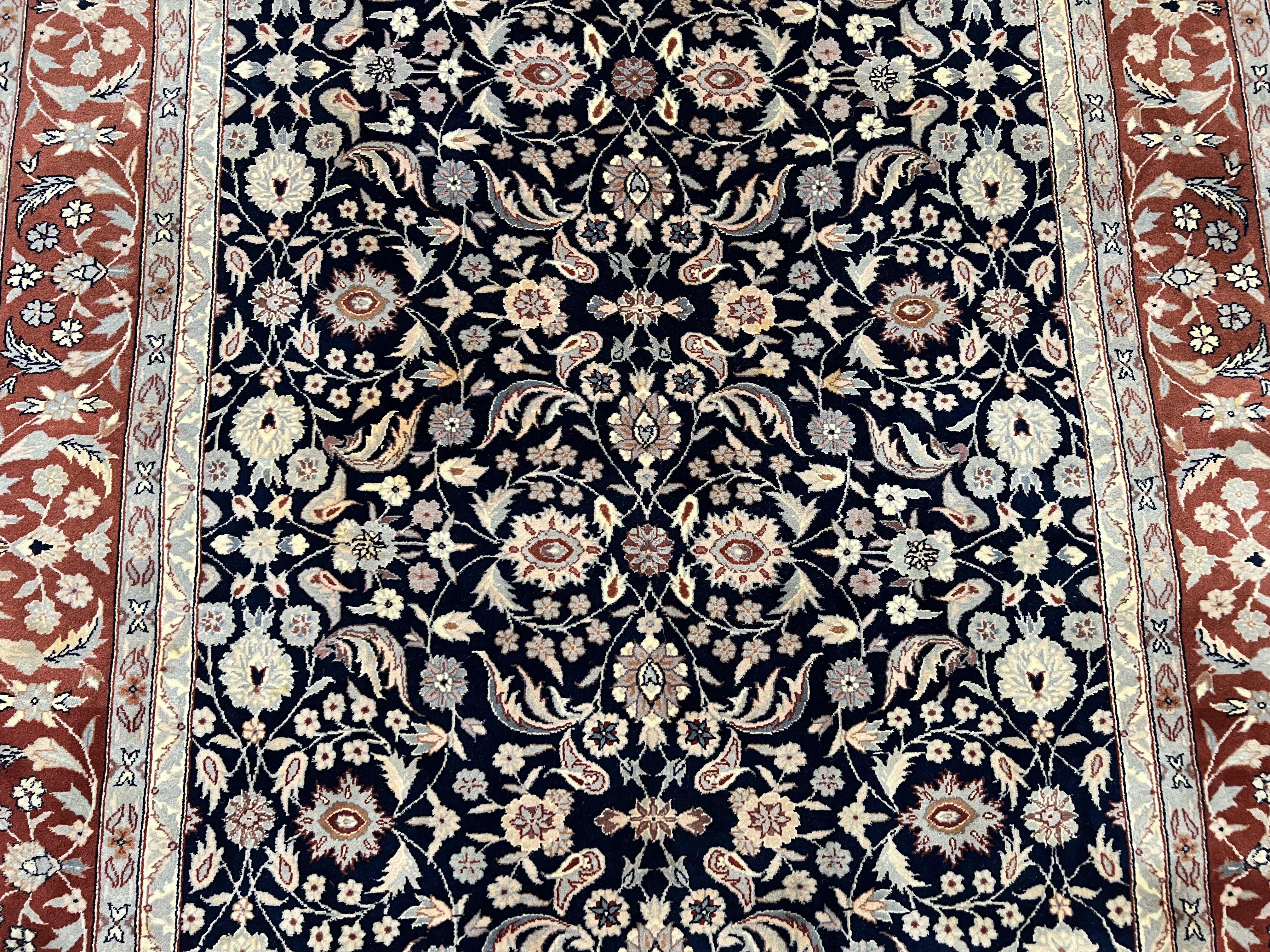 Indo Sarouk Rug 6x9, Vintage Indian Persian Rug, Wool Oriental Carpet, Navy Blue Red Allover Floral Rug, Traditional Very Fine Rug, Area Rug - Jewel Rugs