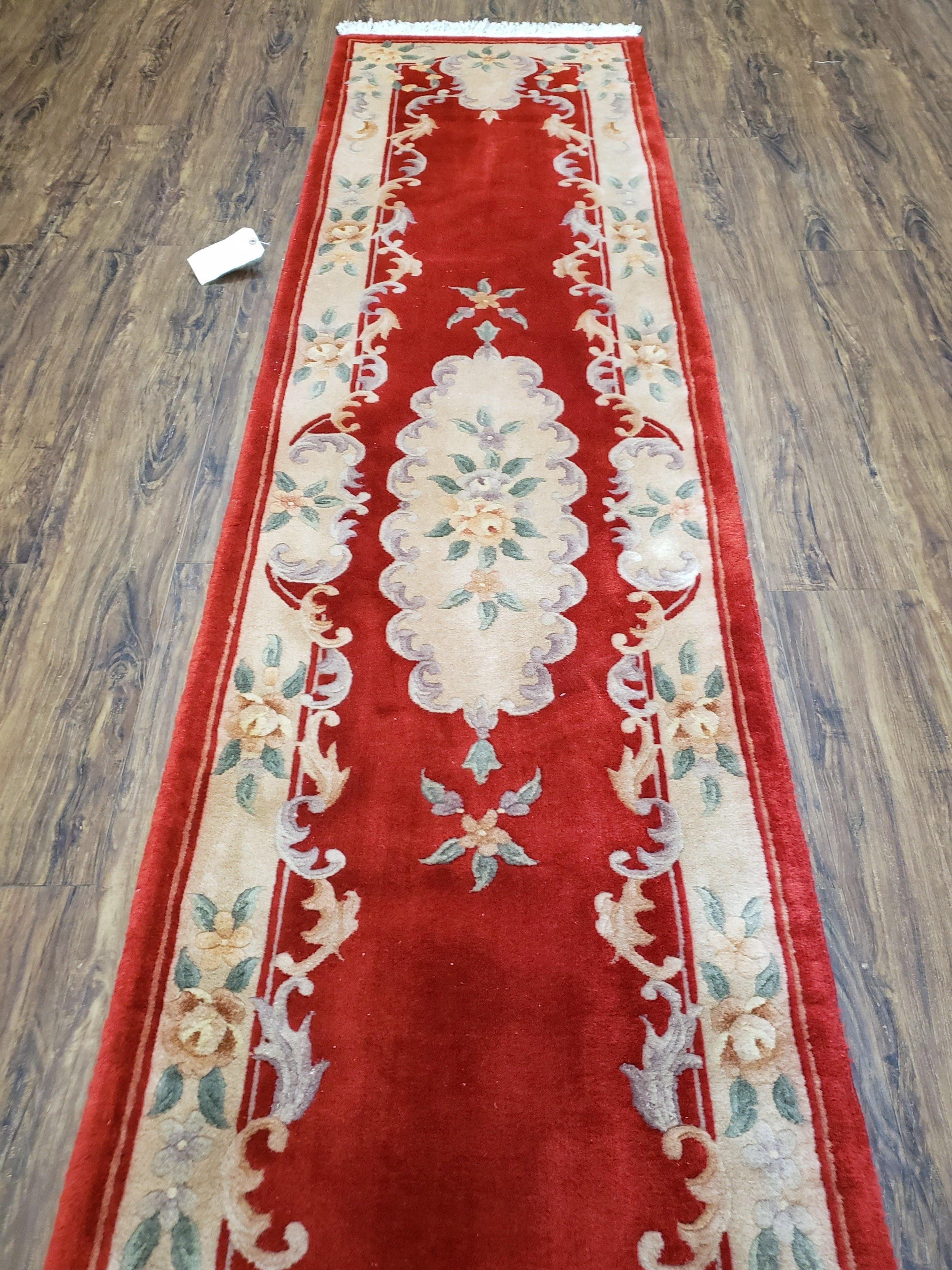 Vintage Chinese Carving Runner Rug 2'4" x 10', Wool Hand-Knotted Red & Beige Asian Art Deco Oriental Carpet, 10ft Soft Hallway Runner Rug - Jewel Rugs