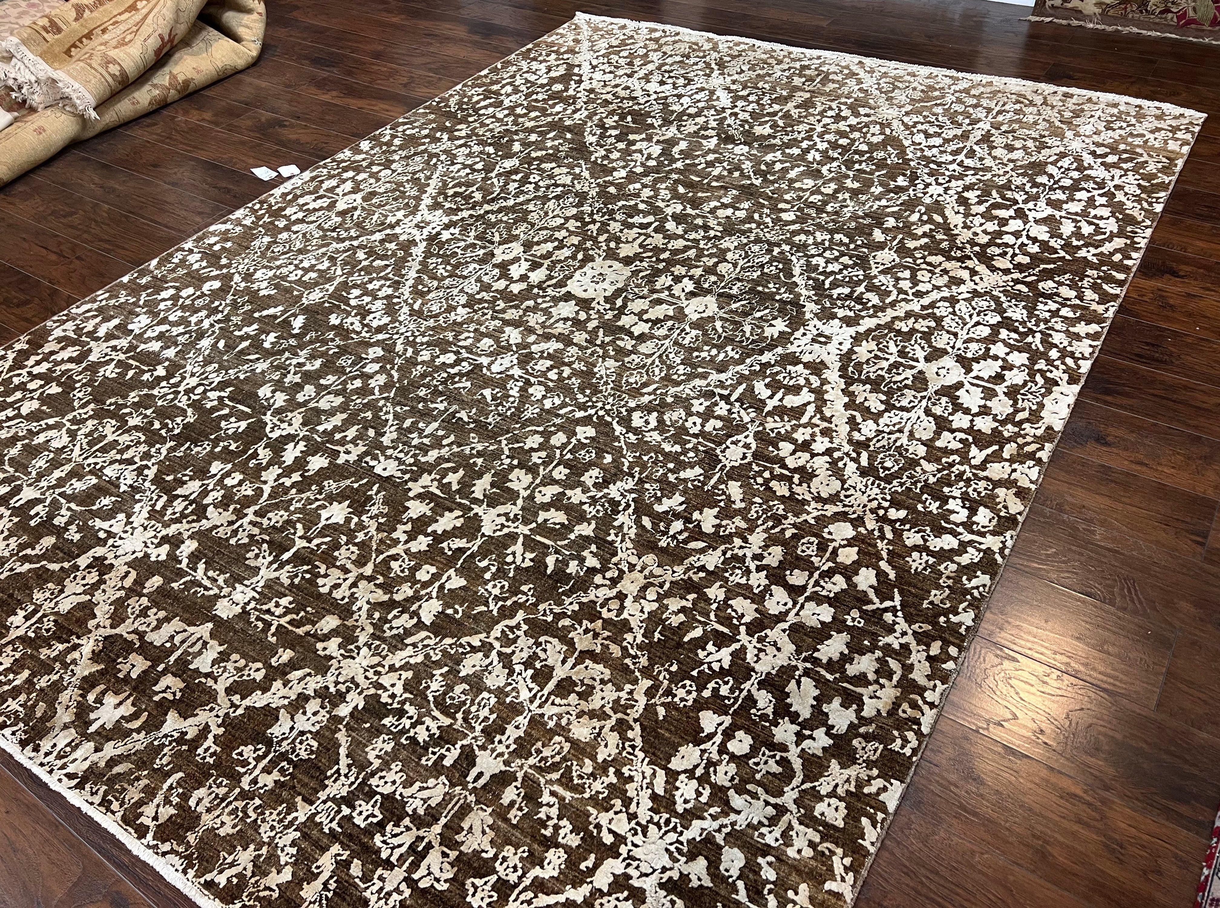 Modern Hand Knotted Rug 9x12, Contemporary Pakistani Oriental Carpet, Brown Area Rug, Wool Floral Rug 9 x 12 ft, Contemporary Room SIzed Rug - Jewel Rugs