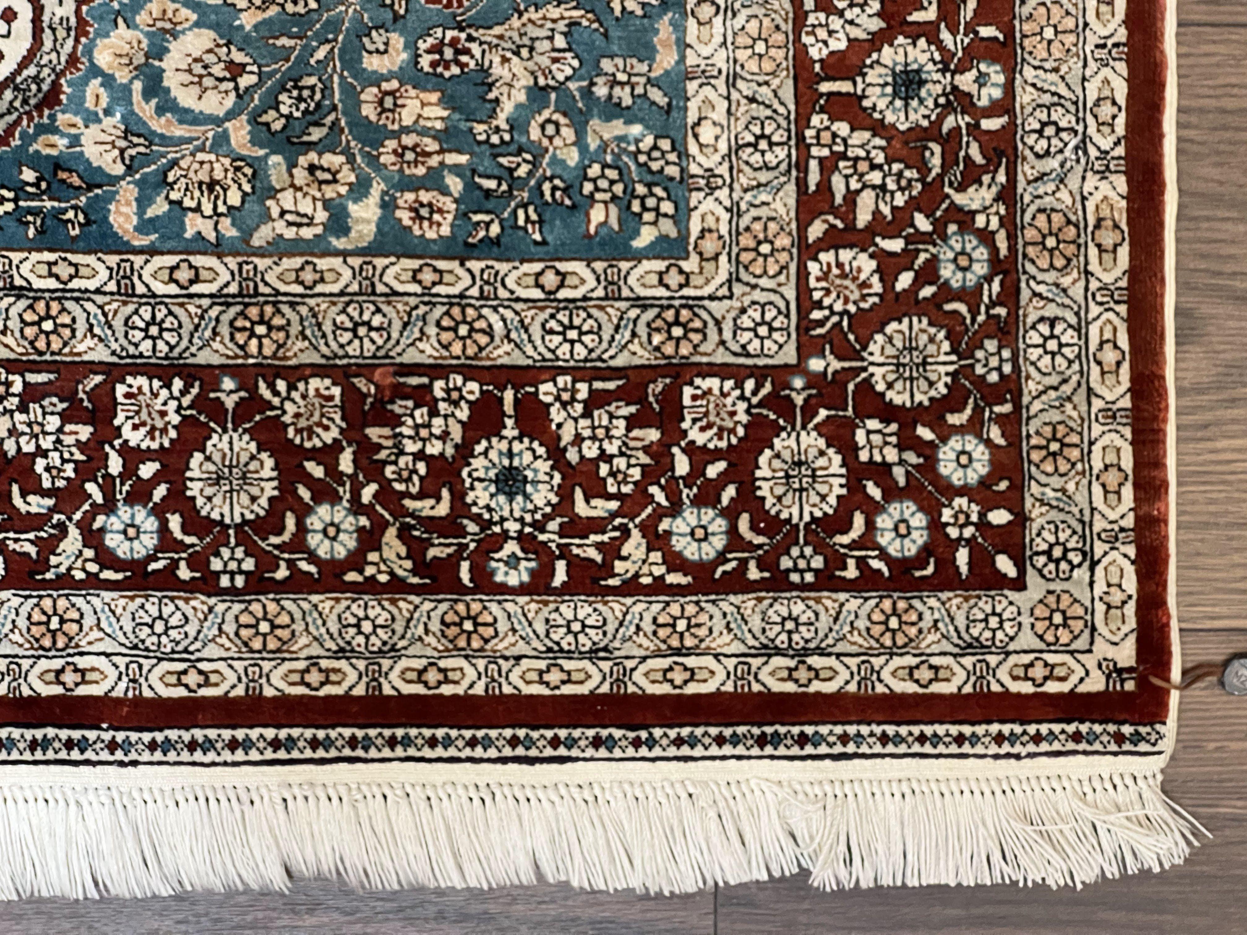 Very Fine Turkish Hereke Silk Rug 2.5 x 4, Silk Prayer Rug, Signed Hand Knotted Carpet, Floral Design, Maroon Teal Beige/Cream, Vintage Rug - Jewel Rugs