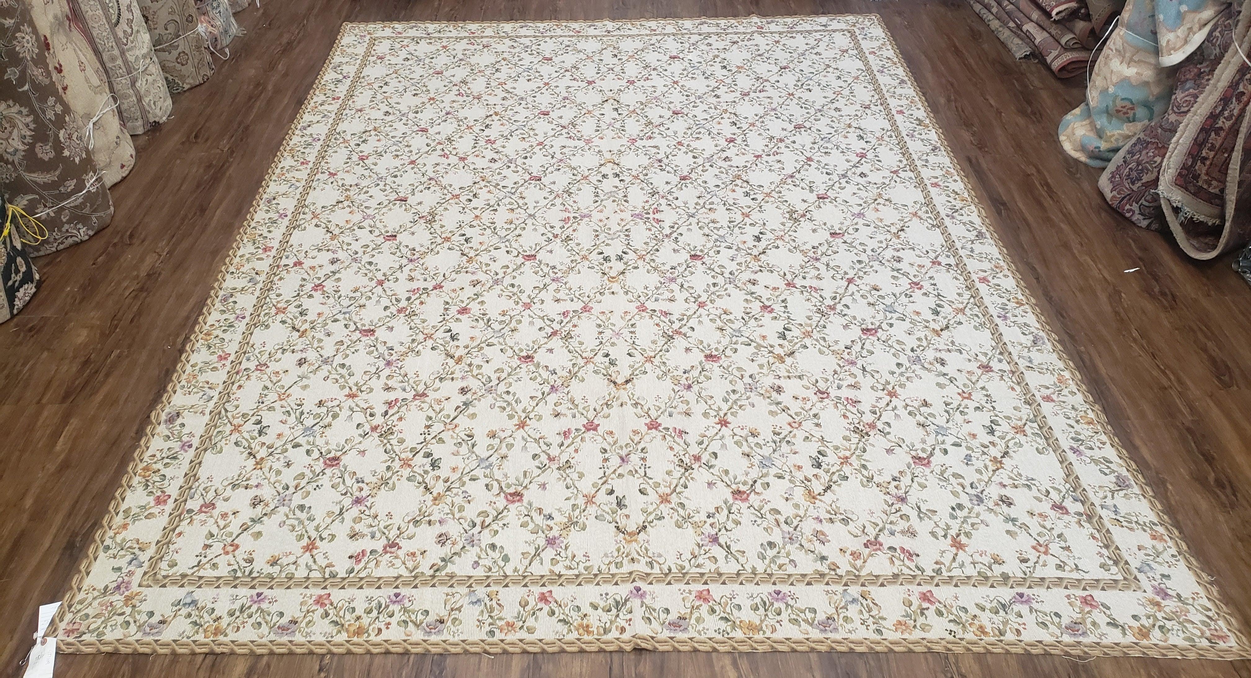 Vintage Petite Point Floral Area Rug 7.5 x 9.9, Chinese Aubusson Needlepoint Carpet 7x10, Wool Hand-Knotted Ivory Small Flowers Rug 8x10 - Jewel Rugs