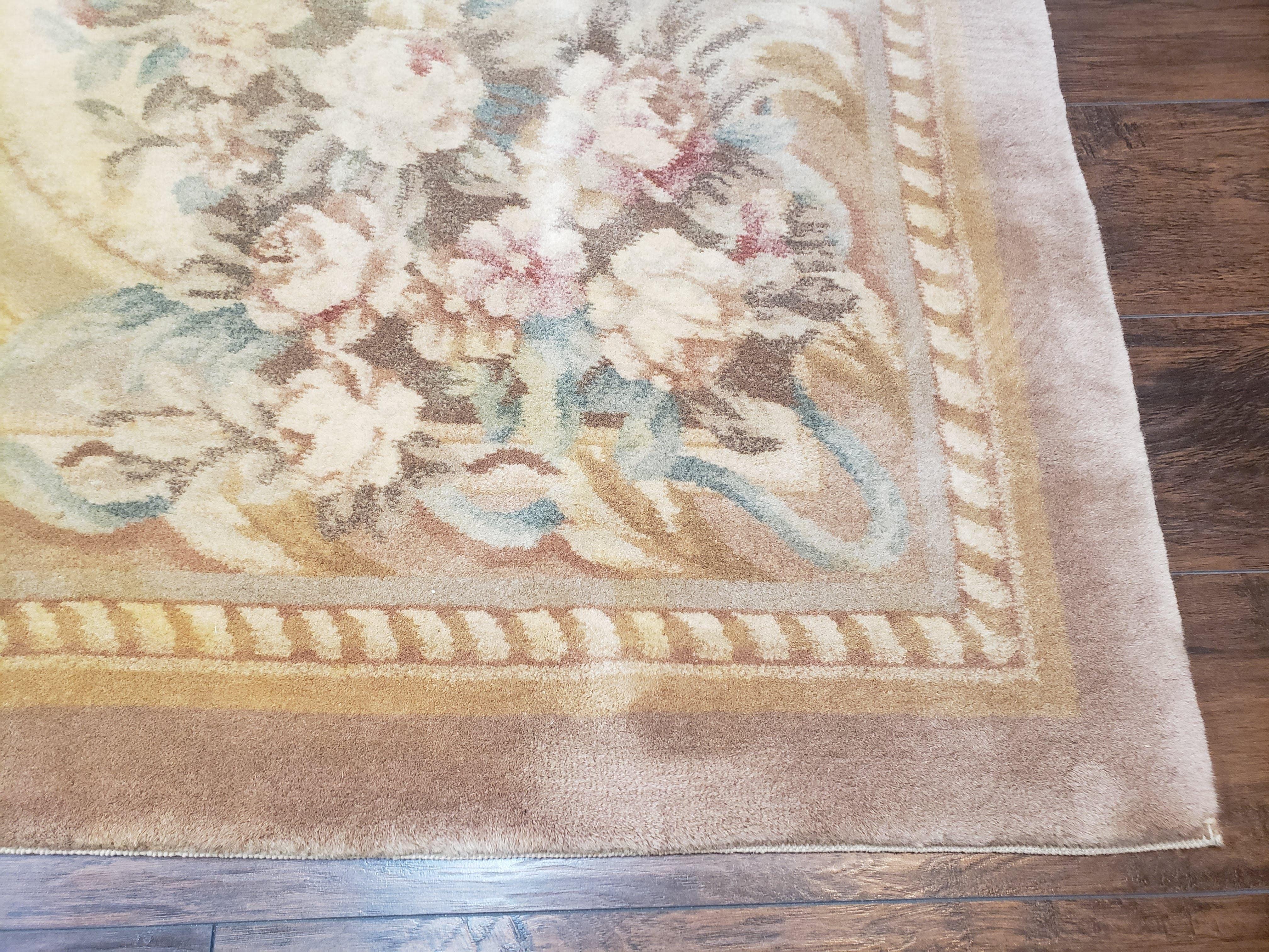 Vintage Chinese Aubusson Savonnerie Room Sized Rug 9.6 x 13.4, Wool Hand-Knotted Beige Carpet, 10x13 10x14 9x13 European Design, Living Room - Jewel Rugs