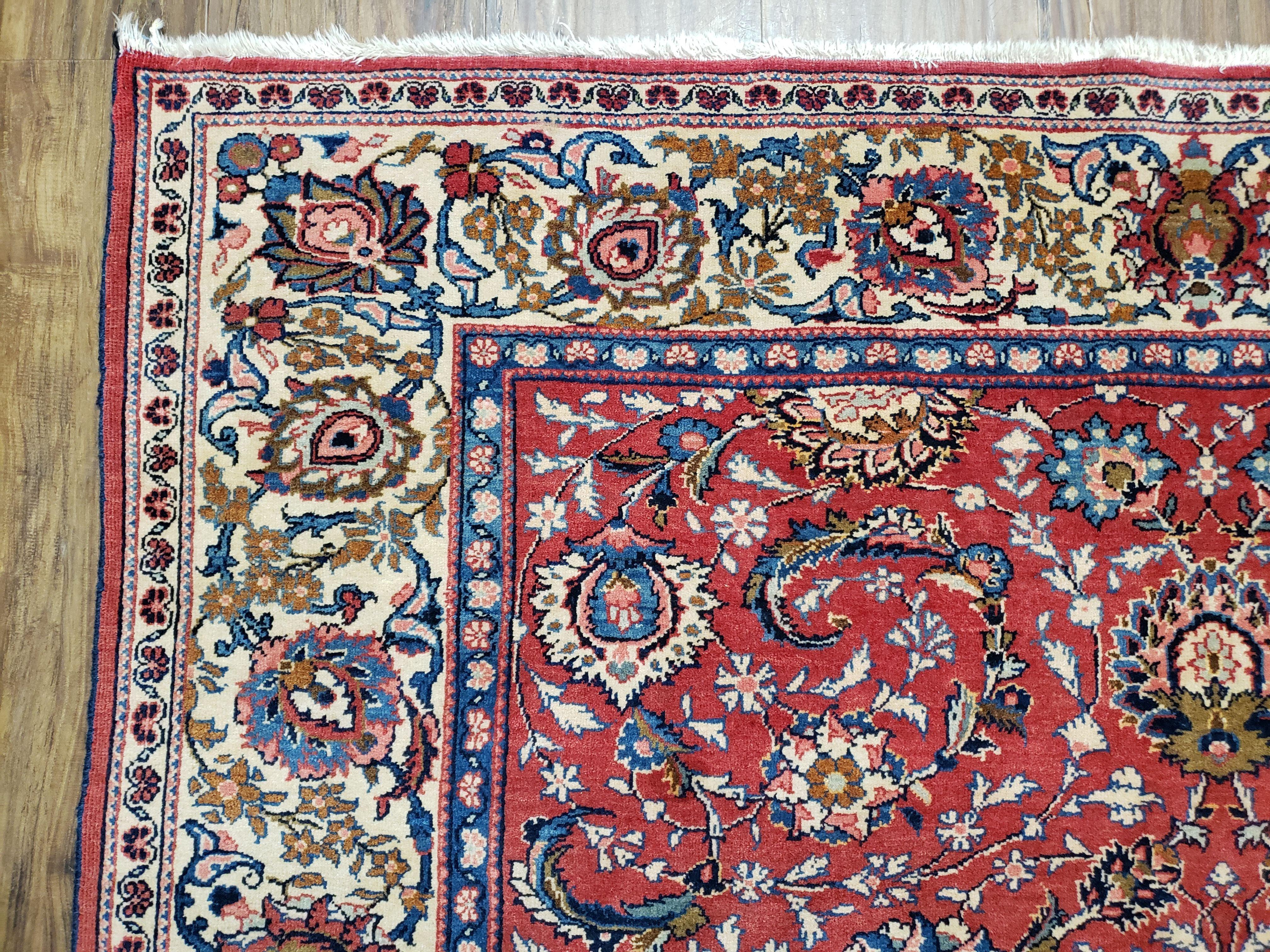 Semi Antique Persian Kashan, Red & Cream, Hand-Knotted, Wool, 4' 8" x 6' 6", Pair A - Jewel Rugs