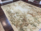 Needlepoint Rug 10x14, Floral Pattern with Leopards, Ivory Beige Tan, Handmade Wool Large Needlepoint Carpet 10 x 14 ft, Animal Pictorials - Jewel Rugs