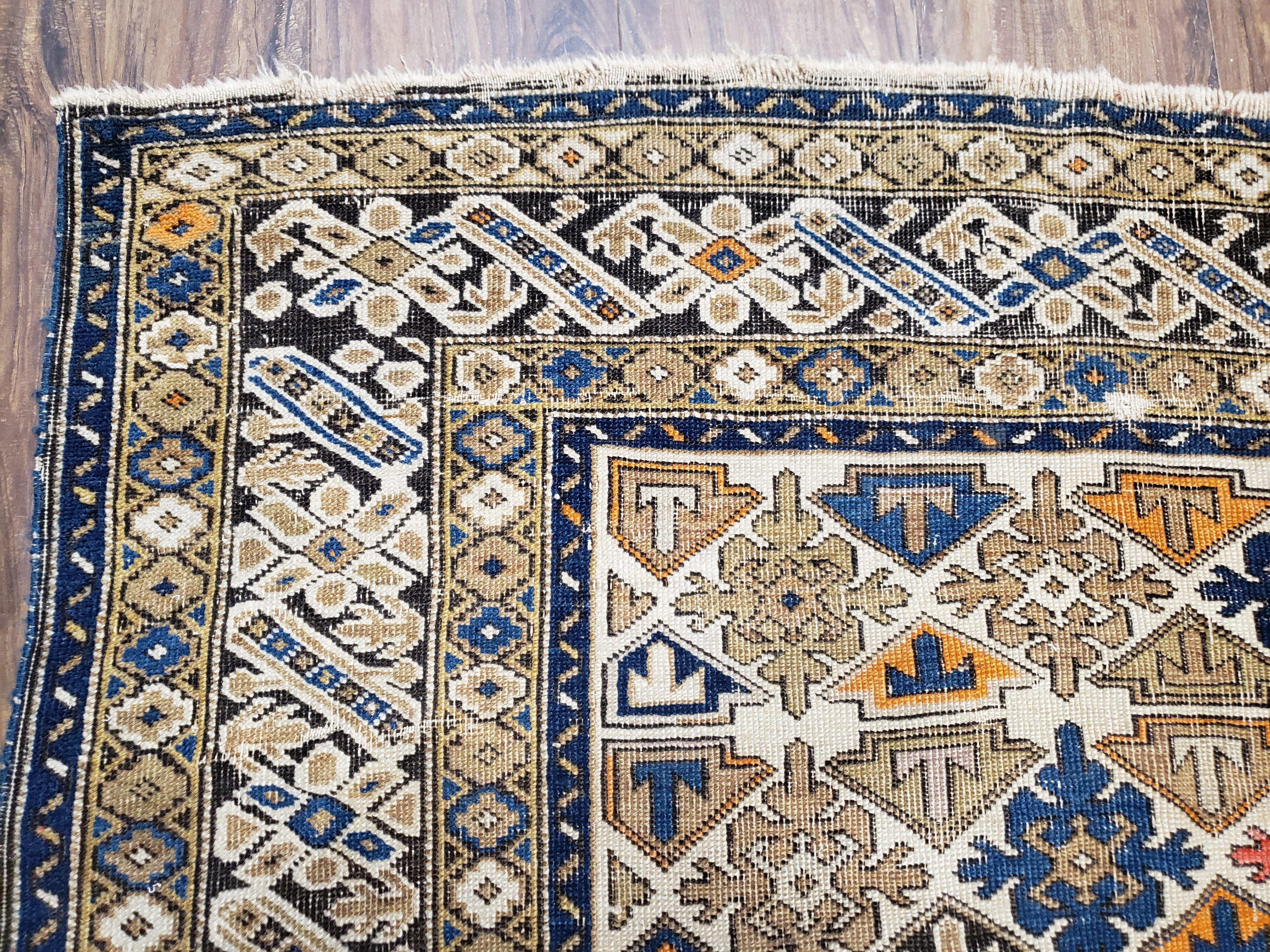 Antique Caucasian Shirvan Area Rug 4x5, 1920s Kuba Rug, Caucasus Mountains Wool Hand-Knotted Dagestan Carpet, Ivory Blue Yellow, Collectible - Jewel Rugs