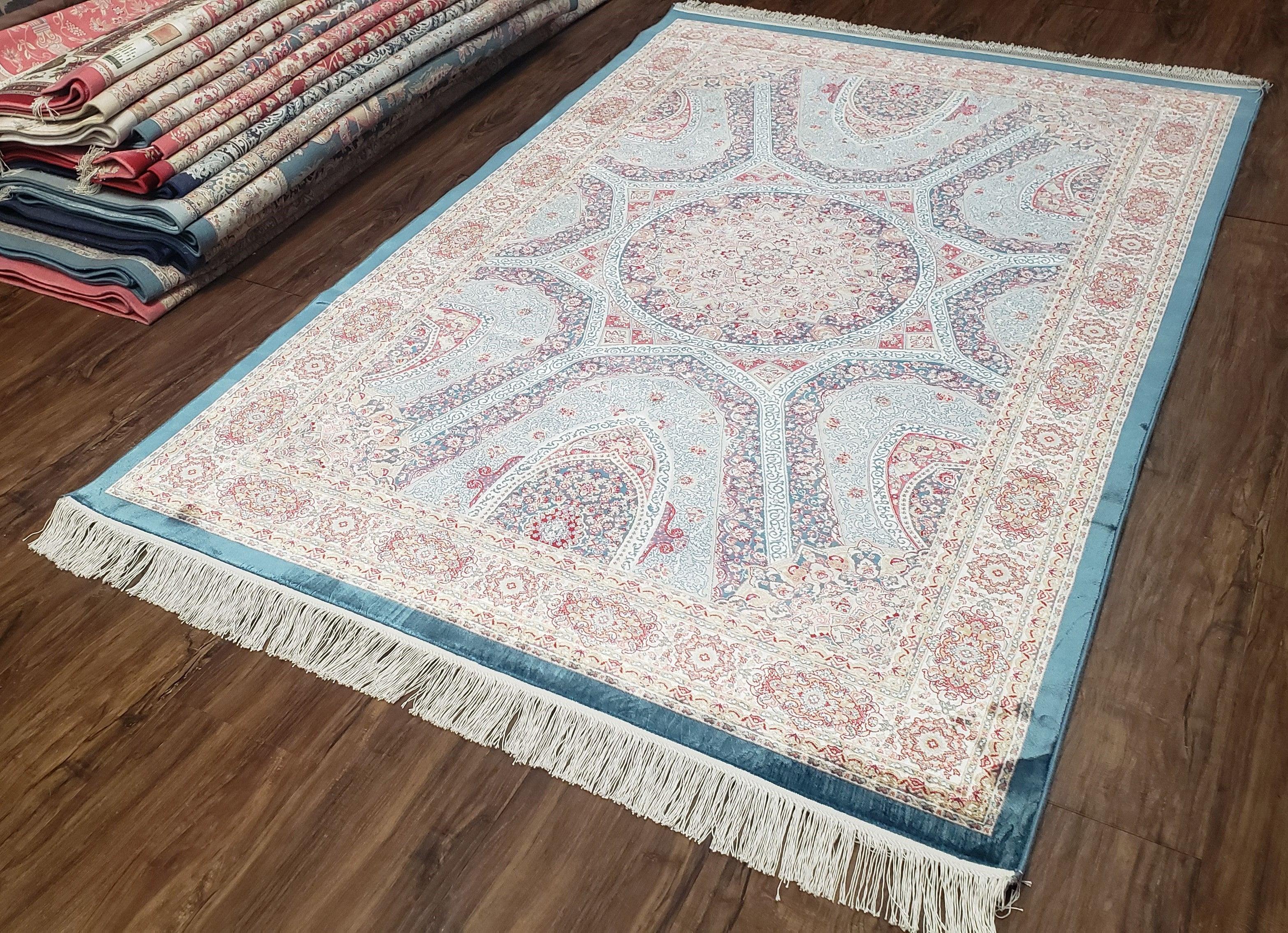 4x6 Silk Carpet, Light Blue & Beige Oriental Rug 4 x 6ft, Traditional Design Medallion All Over, Bamboo Silk, Super Fine, High Quality, Soft - Jewel Rugs