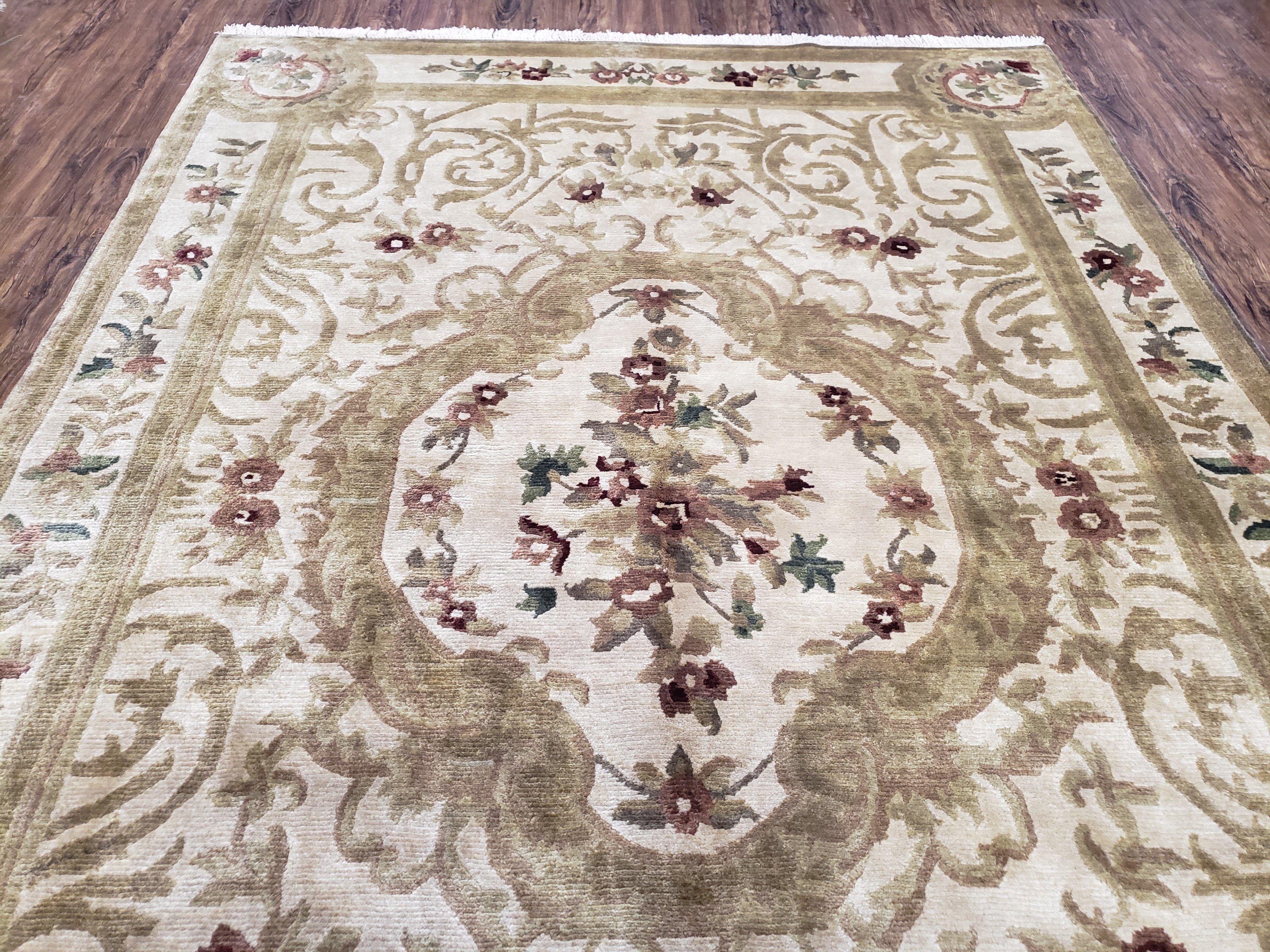 Vintage Nepali Tibetan Aubusson Rug 6x9, Wool Hand-Knotted Cream Beige Carpet, Leaves & Floral Pattern 6 x 9 Soft Area Rug Home Office Rug - Jewel Rugs