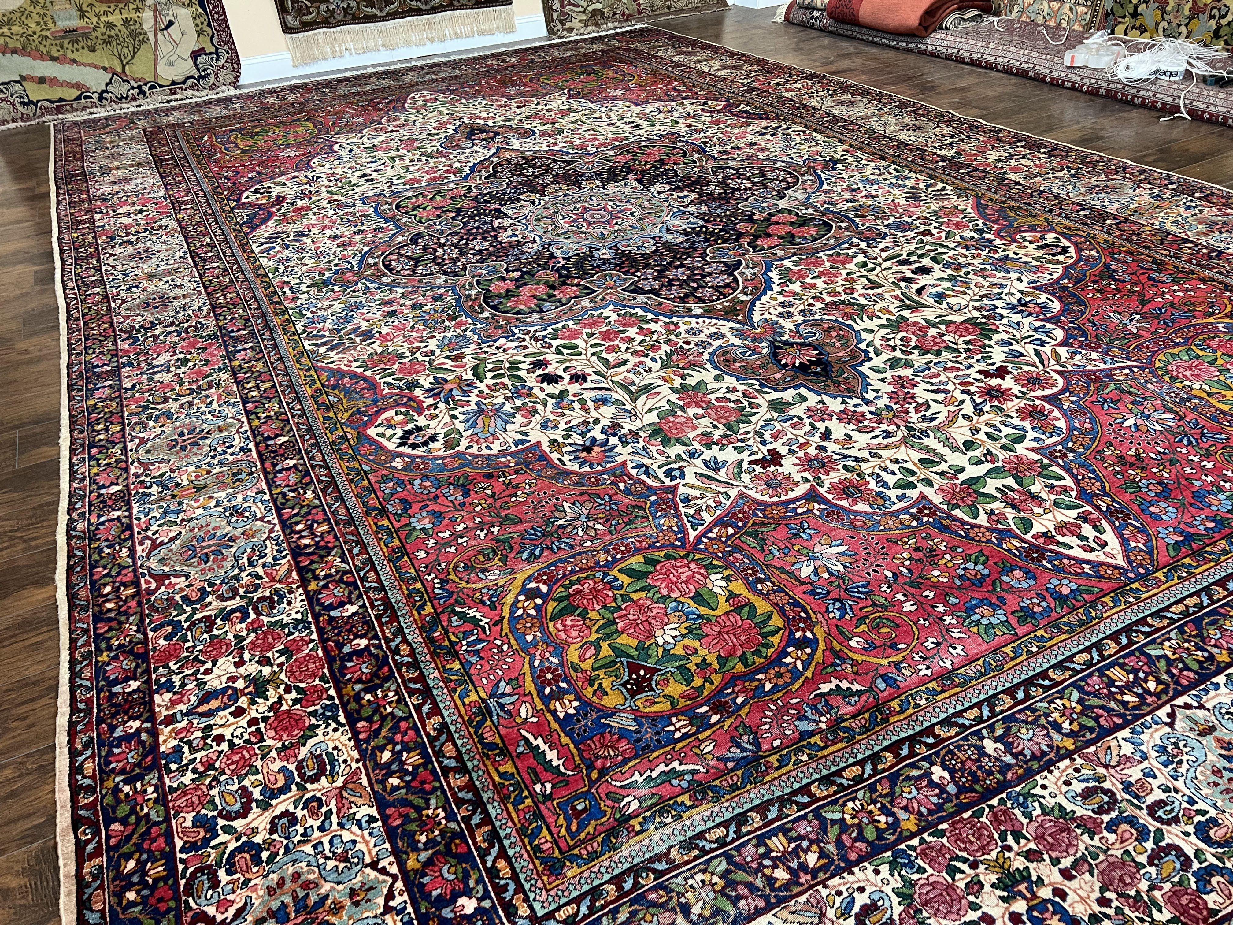 Spectacular Antique Persian Yazd Rug 12x19, Oversized Carpet 12 x 19, Palace Sized Hand Knotted Wool Rug, Floral Medallion, Kirman Lavar, Ivory Red - Jewel Rugs