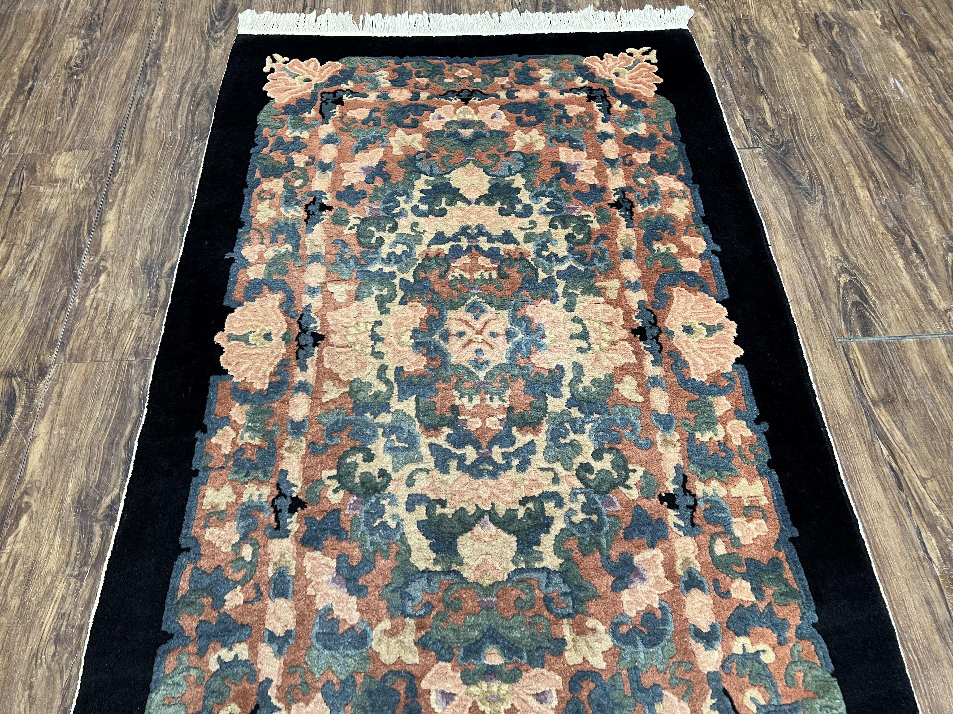 Chinese Art Deco Rug 3x5, Black and Beige Chinese Carpet 3 x 5, Vintage Rug, 1950s Rug, Floral Rug, Handmade Rug, Art Deco Rug, Wool Rug - Jewel Rugs