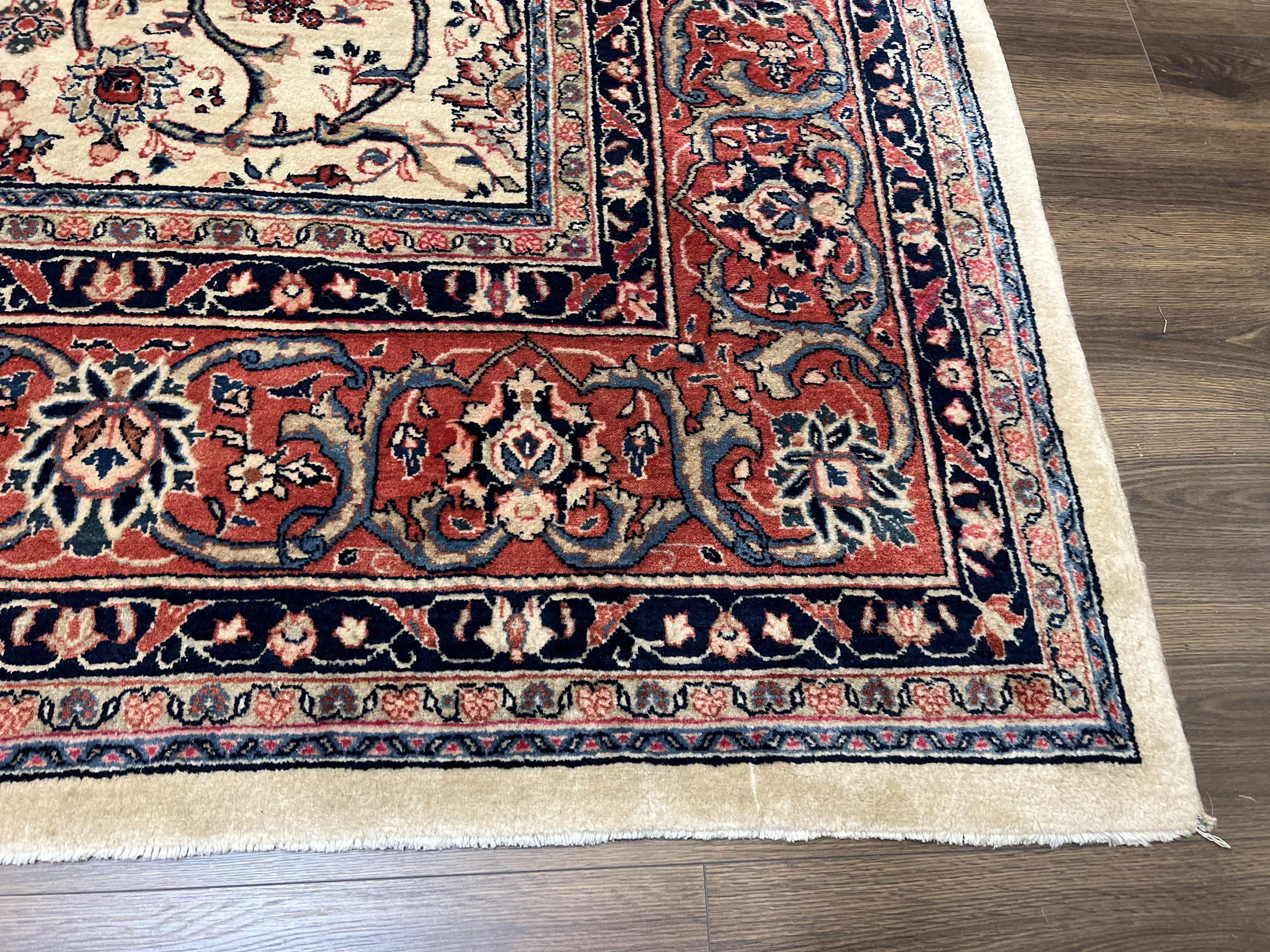 Beautiful Persian Sarouk Rug 10x14, Wool Hand-Knotted Ivory Antique Oriental Carpet 10 x 14, Ivory/Cream Red Blue, 1940s, Top Quality Fine Handmade - Jewel Rugs