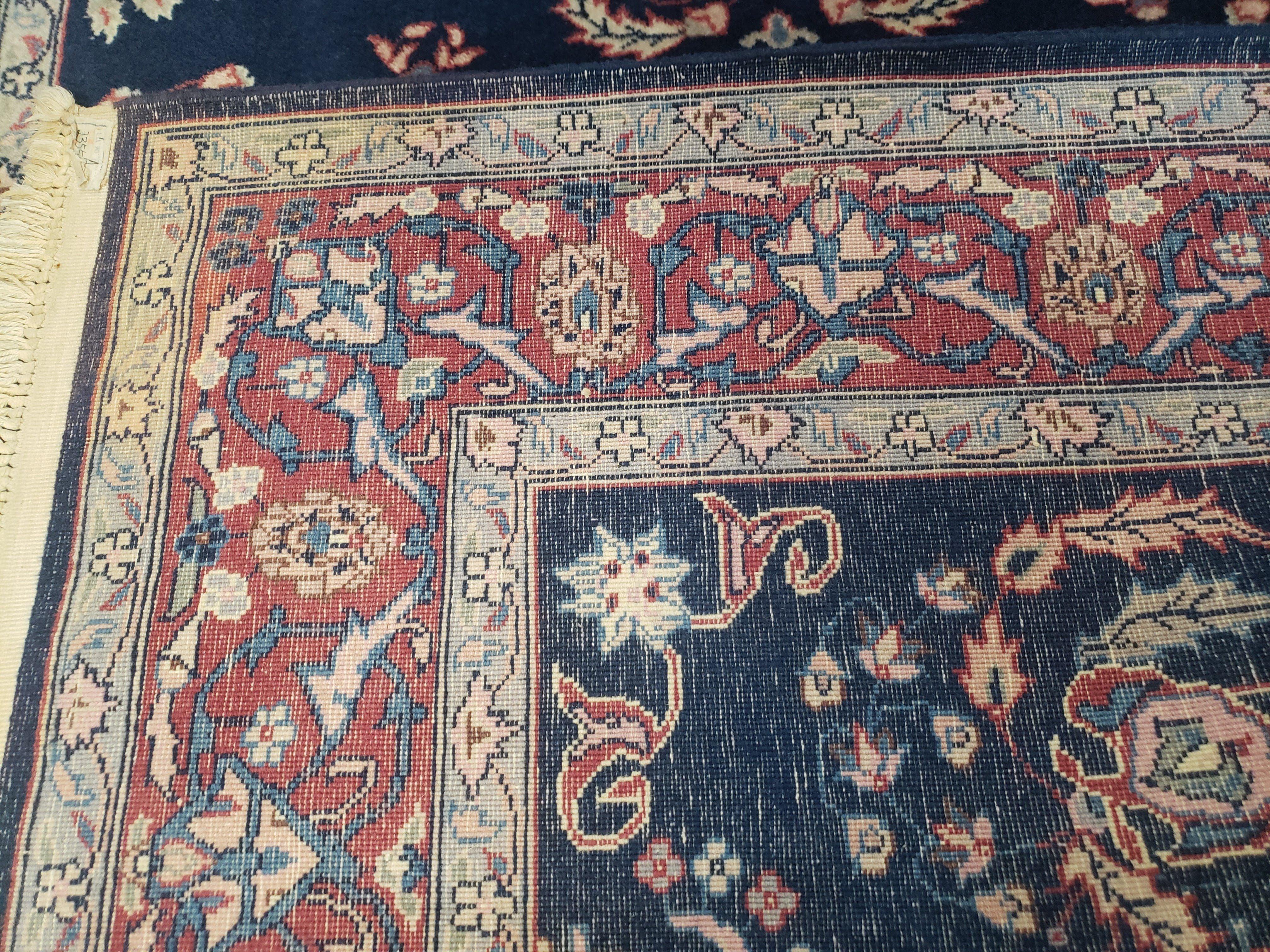 Dark Blue Indo Persian Rug, Medium Size Hand Knotted Oriental Carpet, Traditional Floral Indian Rug, Blue and Red Rug, Entryway Rug Wool Rug - Jewel Rugs