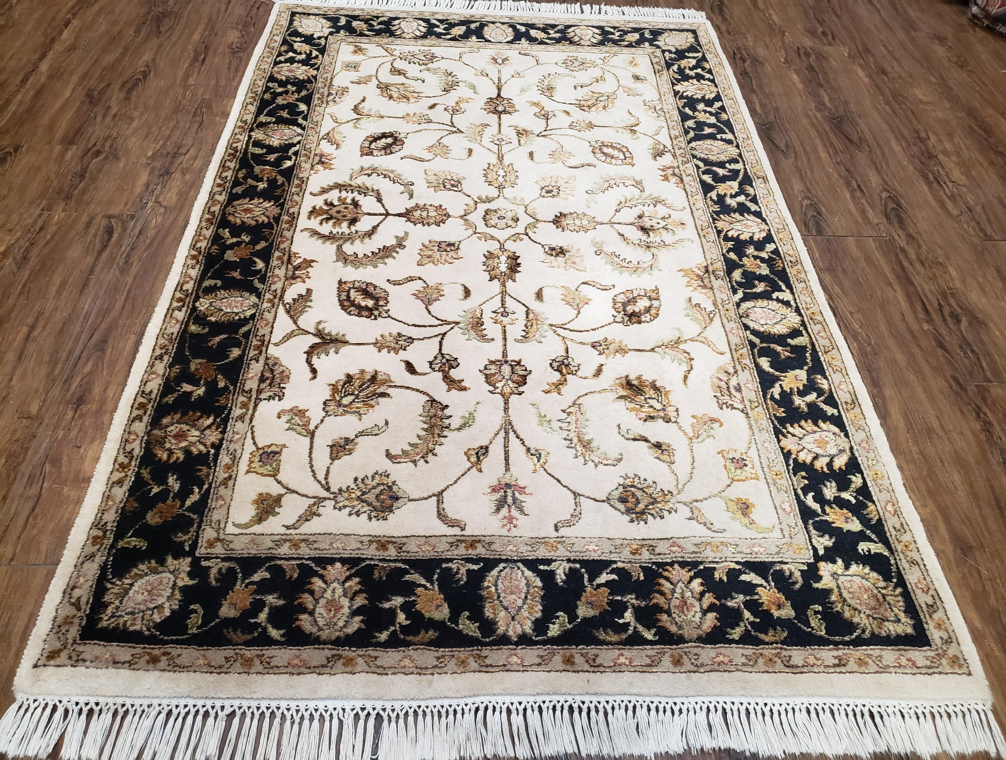 Pak Persian Rug 4x6 ft, Wool Rug with Silk Highlights, Pakistani Carpet 4 x 6, Ivory Black and Gold Rug, Allover Floral Pattern, Quality Rug - Jewel Rugs