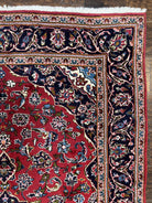 Persian Kashan Rug 4.9 x 8.5, Red and Navy Blue Semi Antique Vintage Wool Oriental Carpet, Hand Knotted Rug, Floral Medallion, High Quality Rug - Jewel Rugs