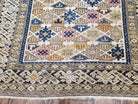 Antique Caucasian Shirvan Area Rug 4x5, 1920s Kuba Rug, Caucasus Mountains Wool Hand-Knotted Dagestan Carpet, Ivory Blue Yellow, Collectible - Jewel Rugs