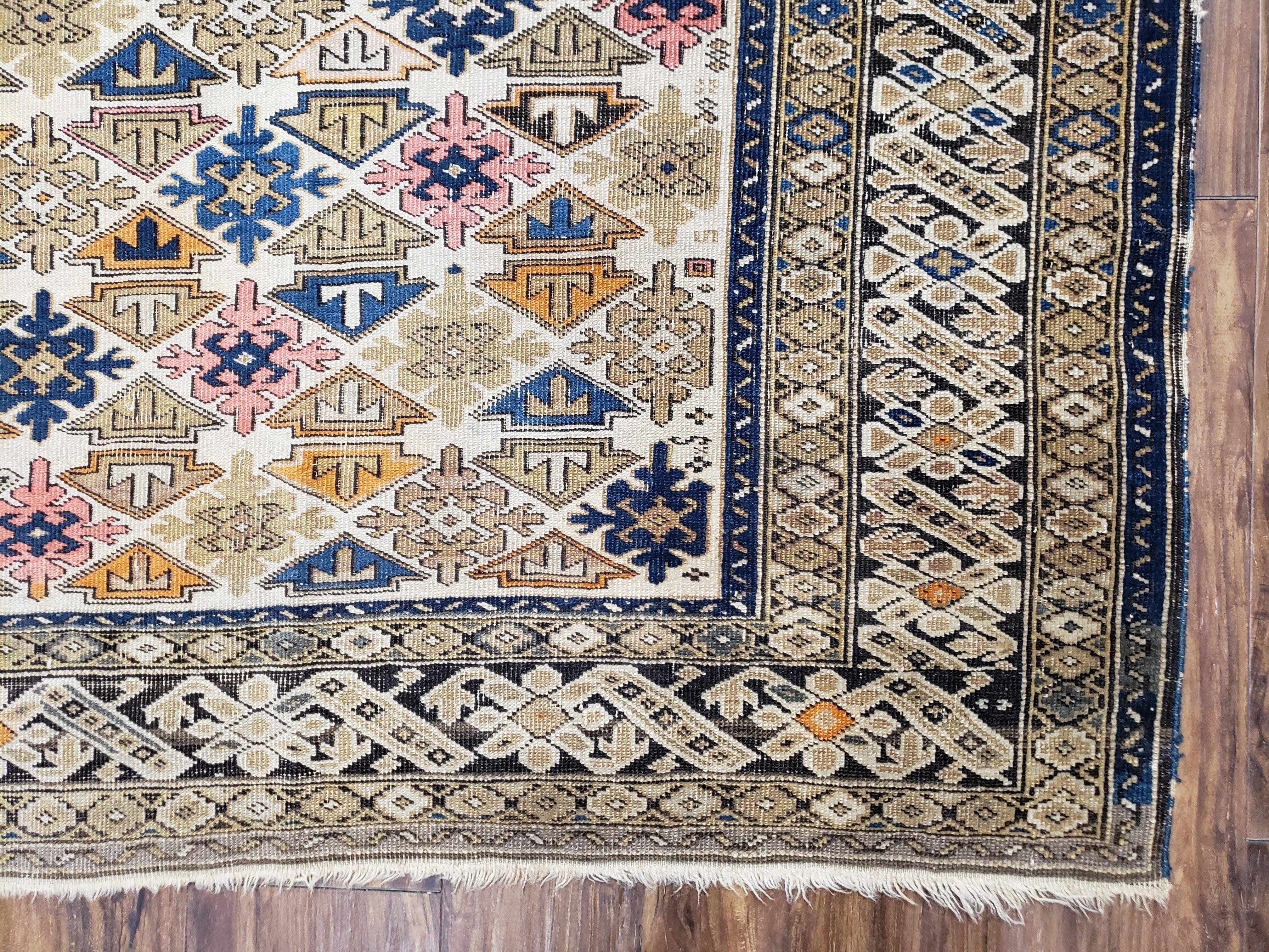 Antique Caucasian Shirvan Area Rug 4x5, 1920s Kuba Rug, Caucasus Mountains Wool Hand-Knotted Dagestan Carpet, Ivory Blue Yellow, Collectible - Jewel Rugs