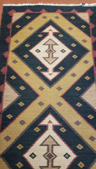 Vintage Indian Kilim Runner Rug, Geometric Flatweave Hand-Knotted Wool Kitchen Hallway Runner, Black Gold & Beige, 2' 8" x 9' 9" - Jewel Rugs