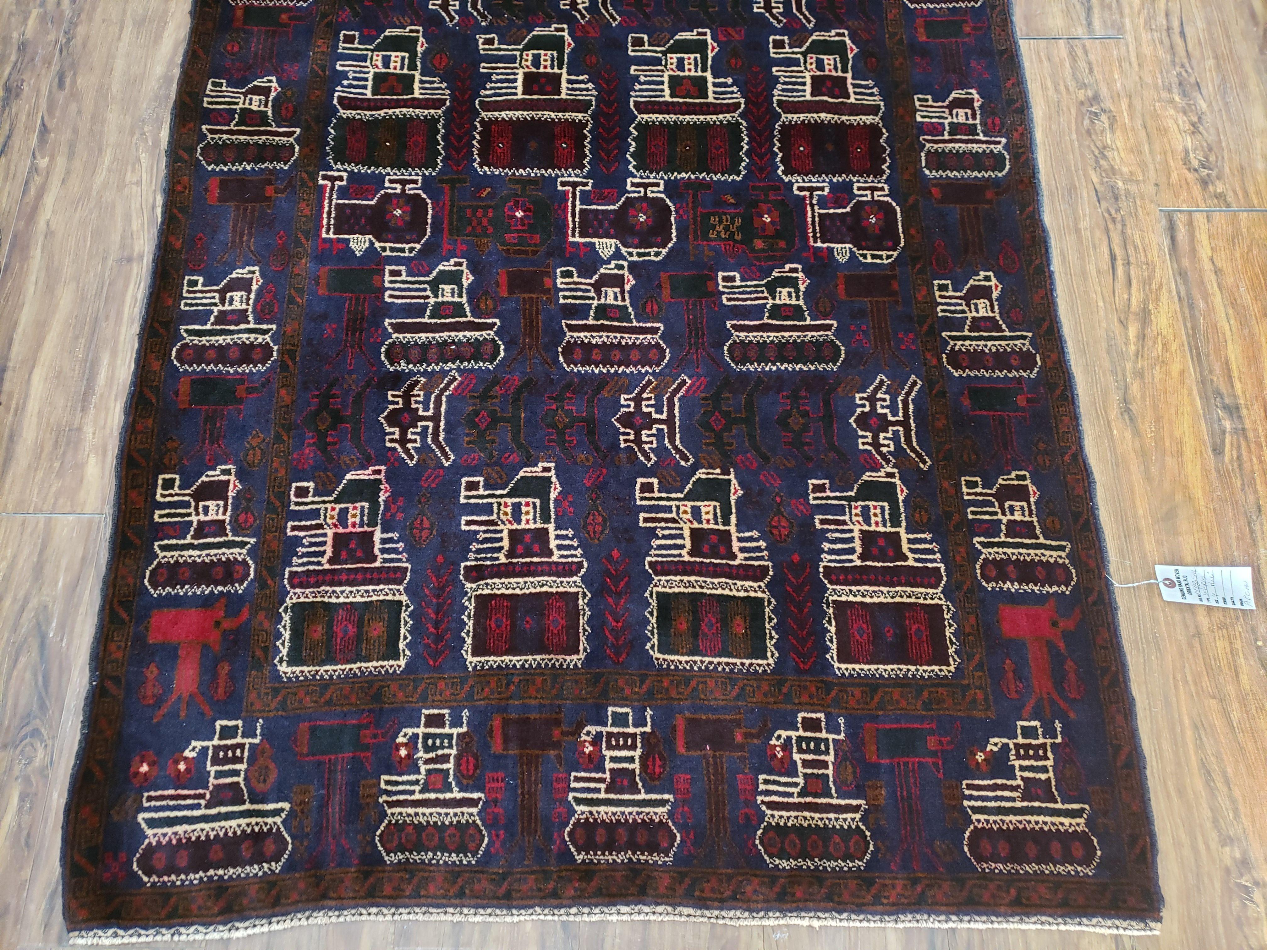 4x6 Handmade Balouch War Afghan Tribal Rug Organic Dyes Helicopter Tank Airplane - Jewel Rugs