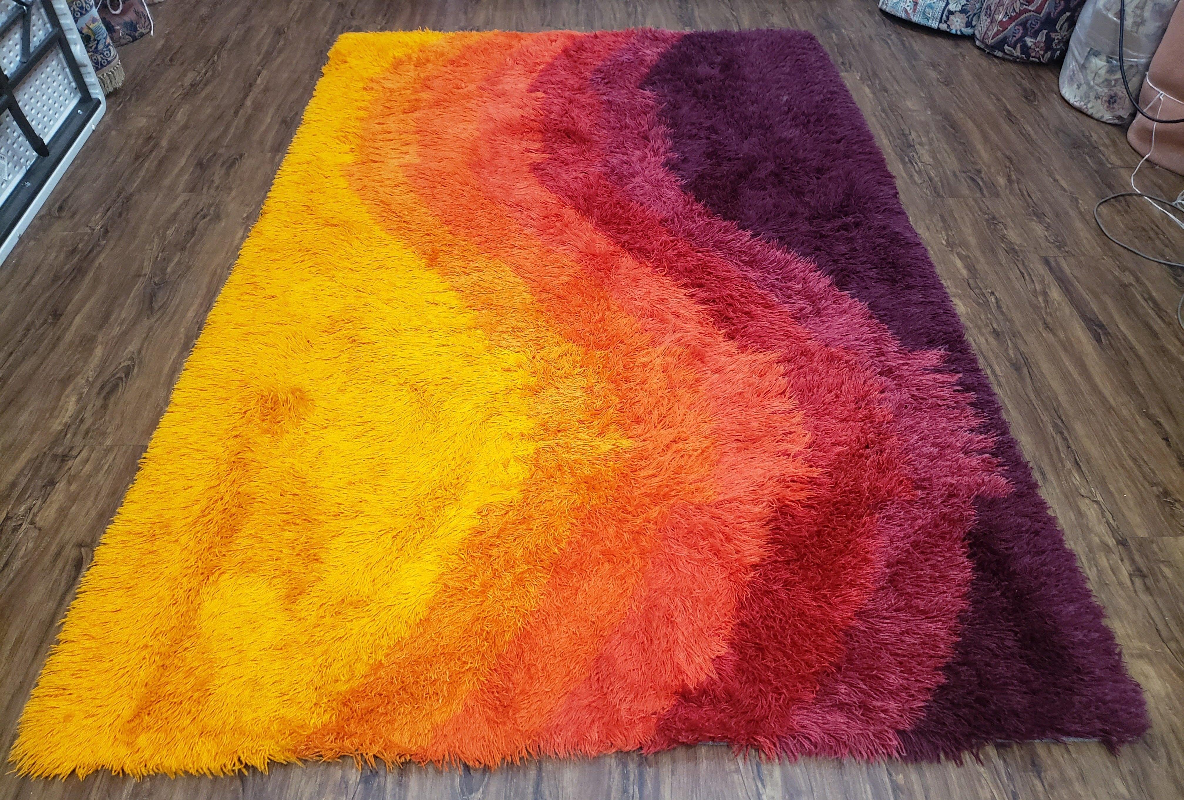 Rya Shag Rug 6x9, Mid-Century Ege Rya Area Rug, Orange Red Purple Danish Shag Rug, 6 x 9 Modern Abstract Carpet, 1960s Living Room Rug - Jewel Rugs