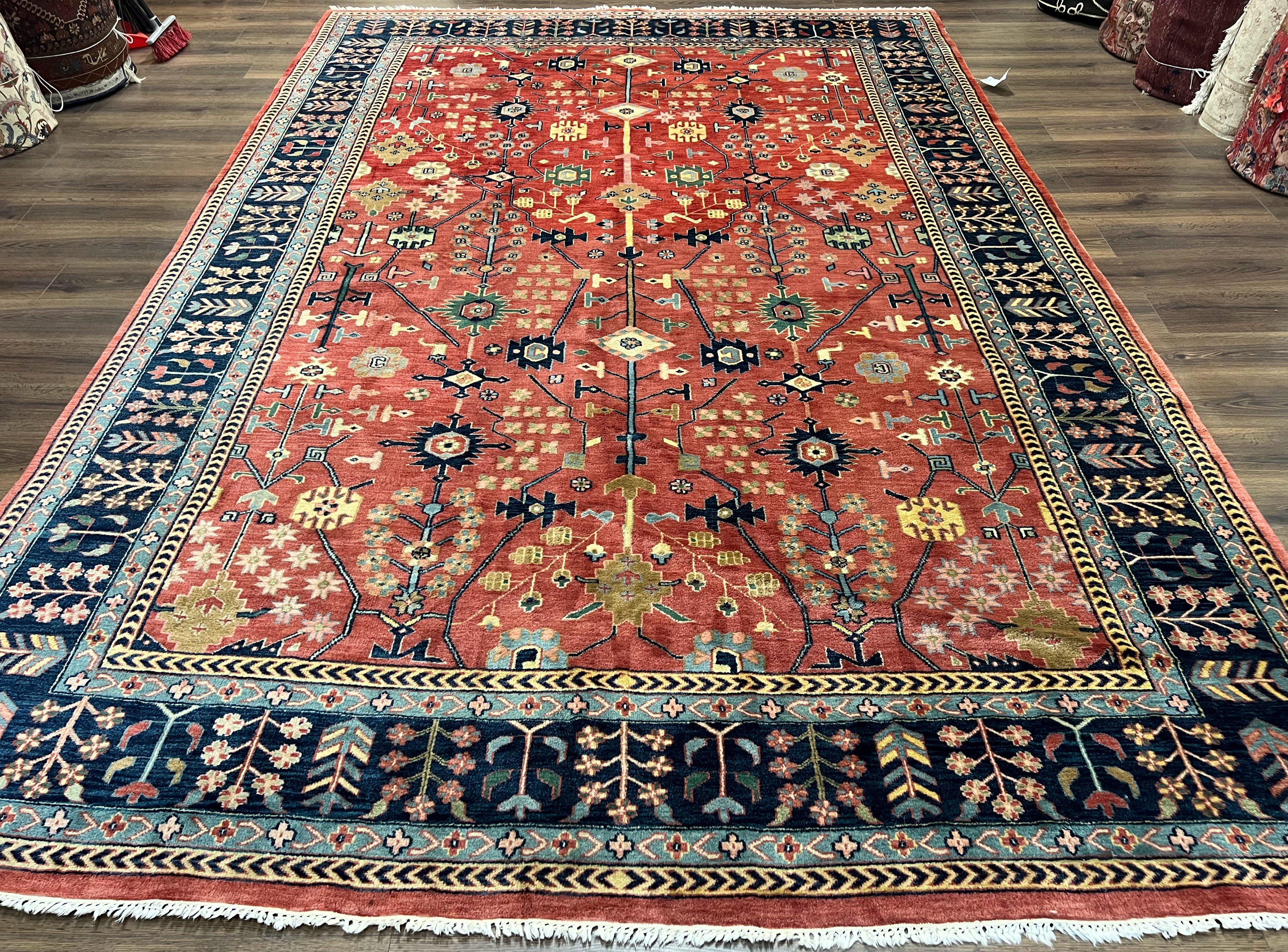 Indo Persian Heriz Rug 9 x 13 ft, Red and Navy Blue Oriental Carpet, Hand Knotted Wool Rug 9x13, Allover Pattern, Bohemian Rug, Living Room - Jewel Rugs