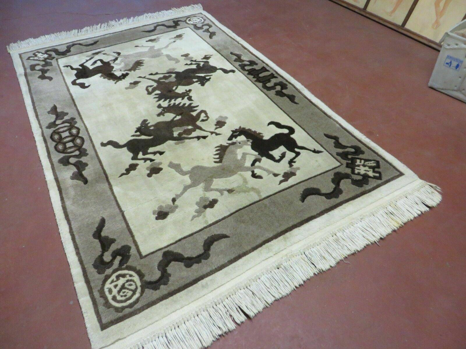 4' X 6' Modern Tibetan Nepal Art Deco Chinese Hand Knotted Wool Rug Horses Nice - Jewel Rugs