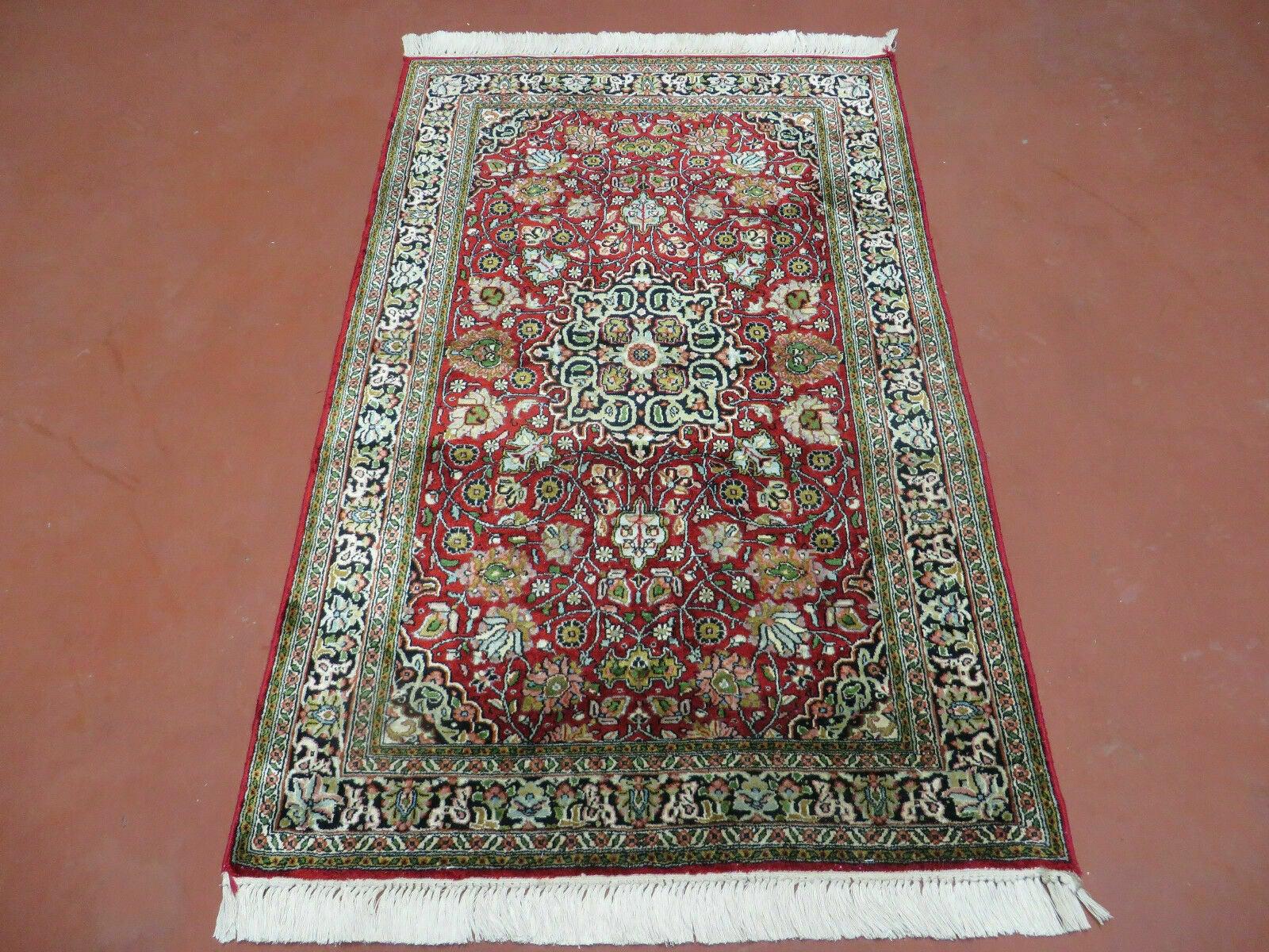 2.5' X 4' Vintage Handmade Fine Indo Kashmir Silk Red Rug Nice - Jewel Rugs