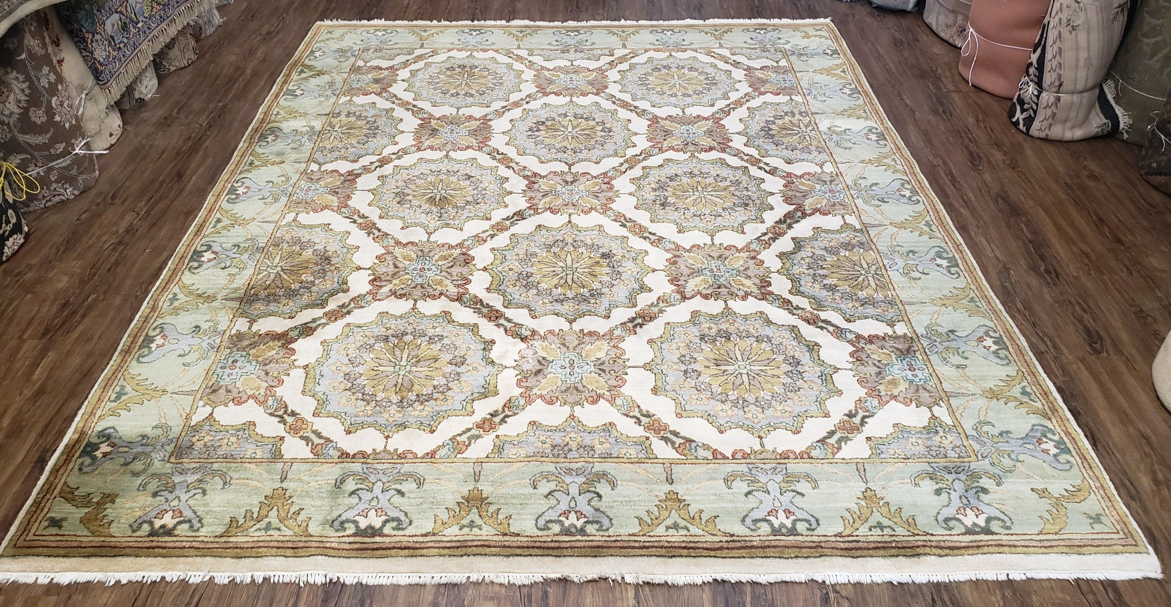 Indo Sultanabad Area Rug 8 x 9.5, Wool Hand-Knotted Ivory Green Teal Decorative Rug, Floral Panel Carpet, Indian Rug, 8 x 10 Bedroom Rug - Jewel Rugs