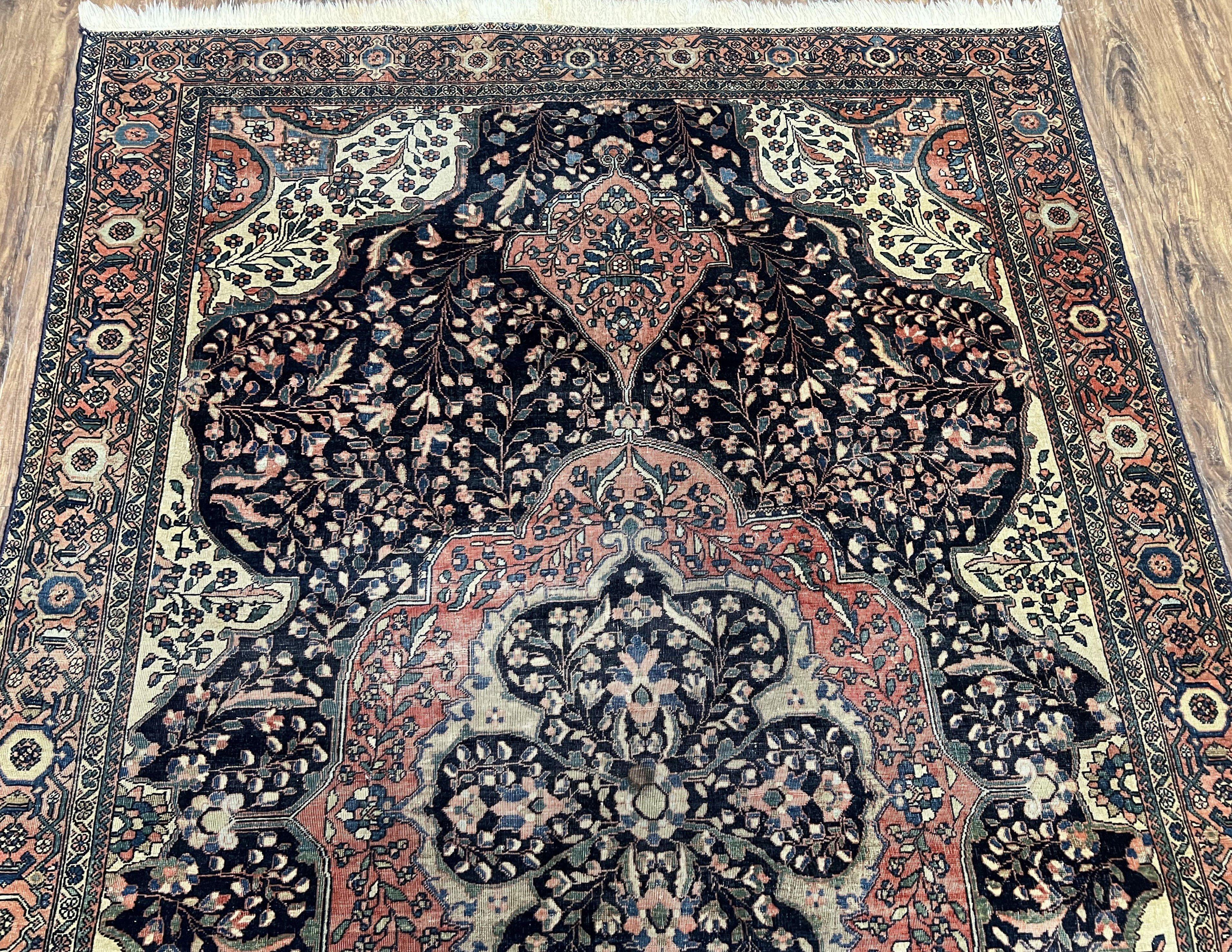 Antique Persian Sarouk Farahan Rug 4.4 x 6.7, Collectible Persian Carpet, Very Fine 1880s Late 19th Century Rug, Floral Medallion, Black Red Oriental Rug - Jewel Rugs