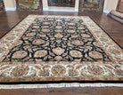 Indo Mahal Rug 9 x 12.6, Room Sized Indian Carpet, Black Ivory Tan, Handmade Wool Area Rug for Living Room, Large Floral Design Allover - Jewel Rugs