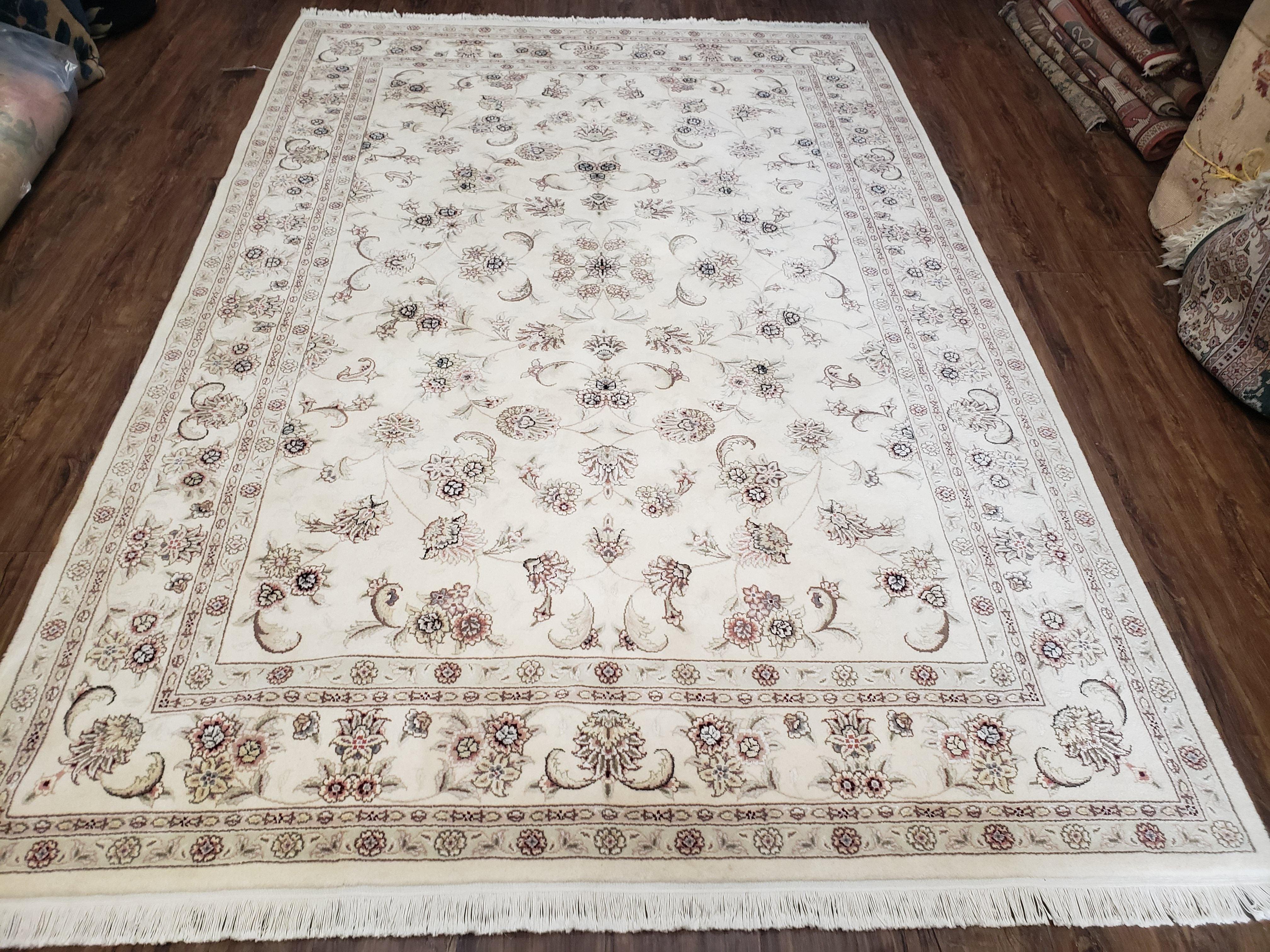 6x9 Wool & Silk Rug, 6 x 9 Ivory Rug, 6 by 9 Beige/Cream Rug, Handmade Floral Rug, Entryway Rug, Nice Foyer Rug, 9x6 Oriental Rug - Jewel Rugs