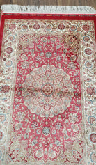 Small Silk Rug Red, Soft Silk Oriental Carpet, New Turkish Rug, Persian Design, Central Medallion, Bamboo Silk, Power-Loomed, 2' 8" x 4' 1" - Jewel Rugs