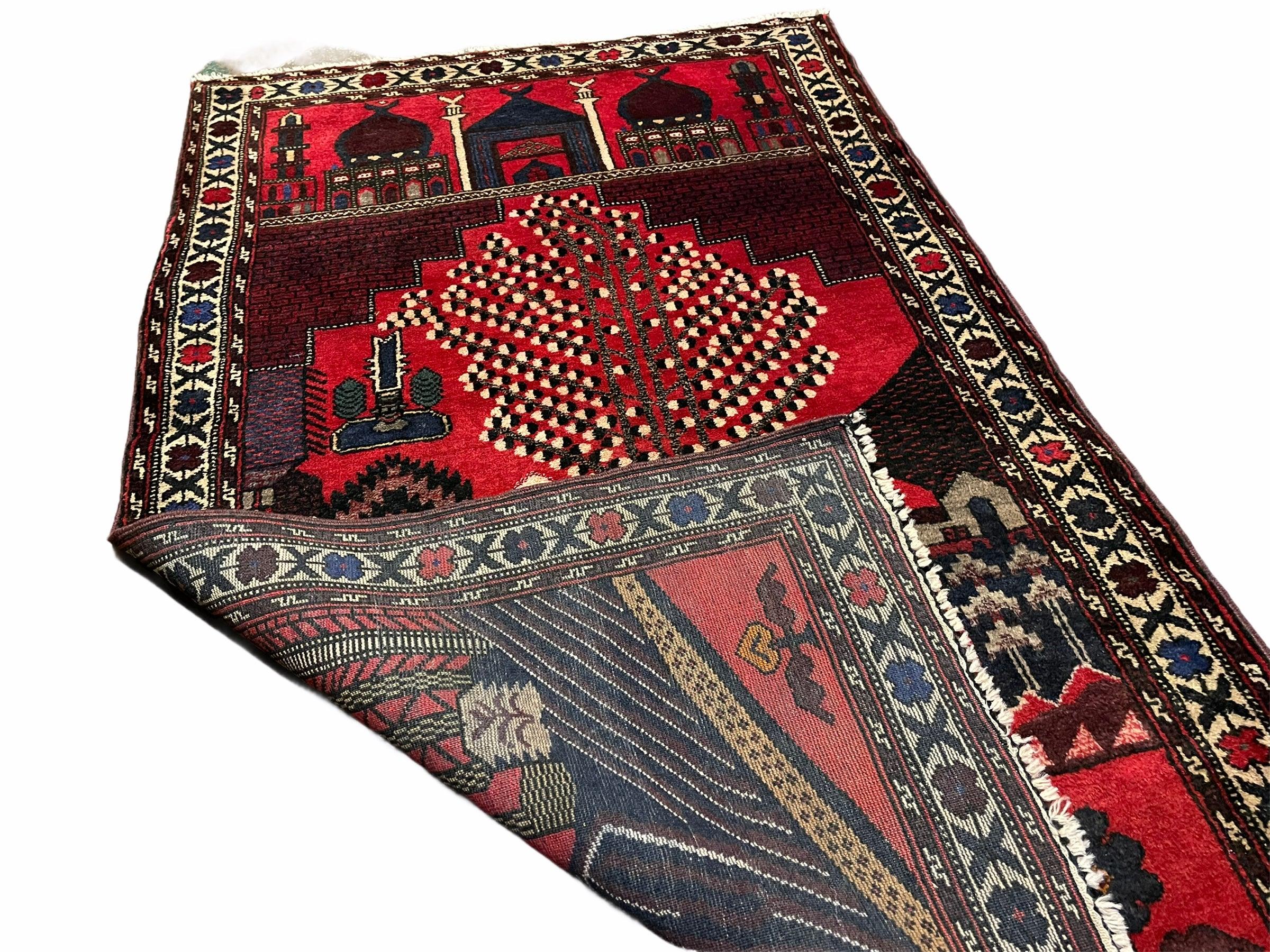 3x5 New Vintage Handmade Tribal Balouchi Rug Organic Dyes Red Buildings Nature - Jewel Rugs