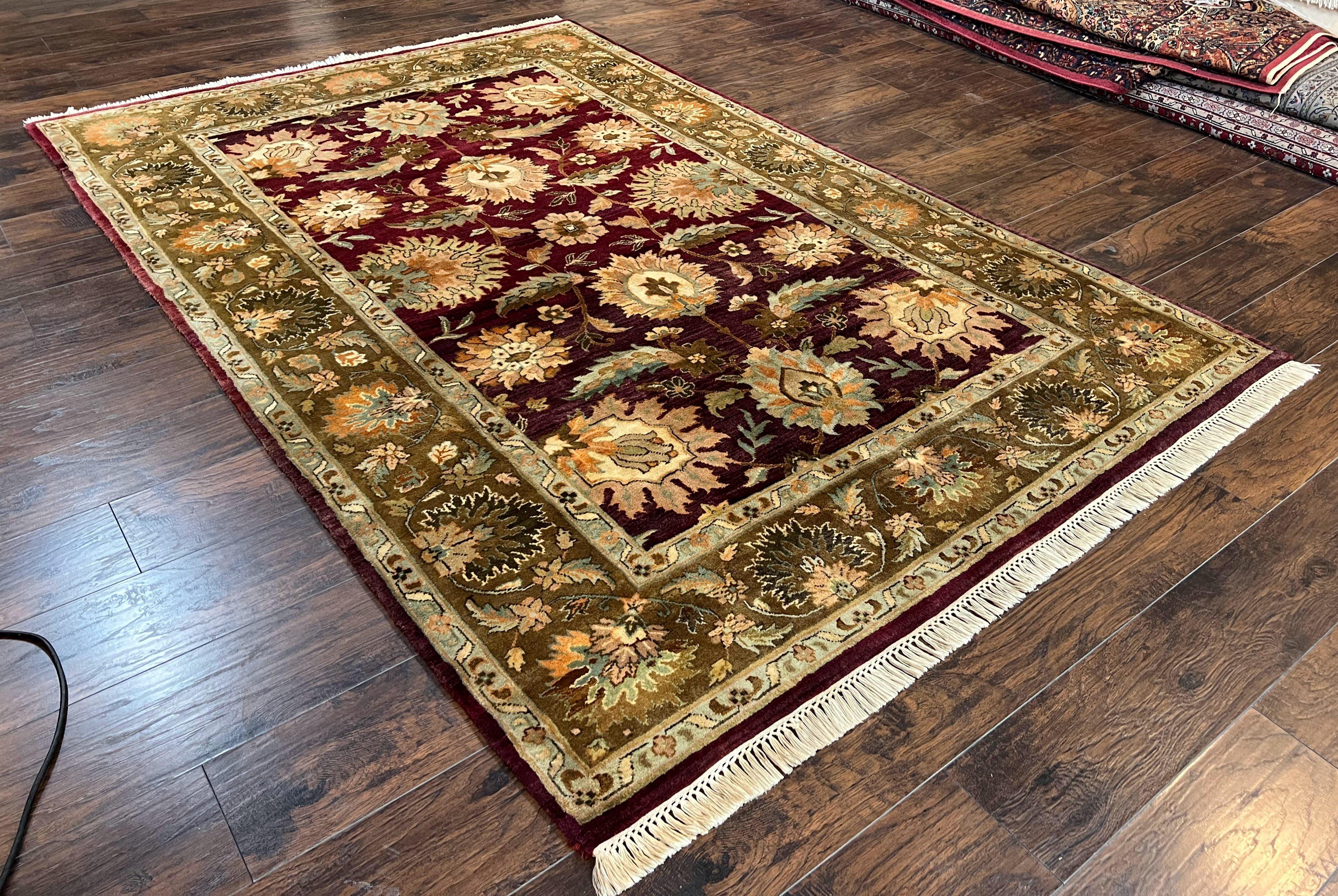 Indo Mahal Rug 6x9, Large Flowers Allover, Maroon and Green, Handmade Wool Area Rug, Vintage Rug, Indian Oriental Carpet, Hand Knotted Rug - Jewel Rugs