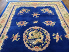 Blue Chinese Rug Vintage 6x9 Carpet, Chinese Dragon Medallion, Blue & Beige, Hand-Knotted, Soft Wool Pile, Art Deco Rug, Chinese Carving Rug - Jewel Rugs