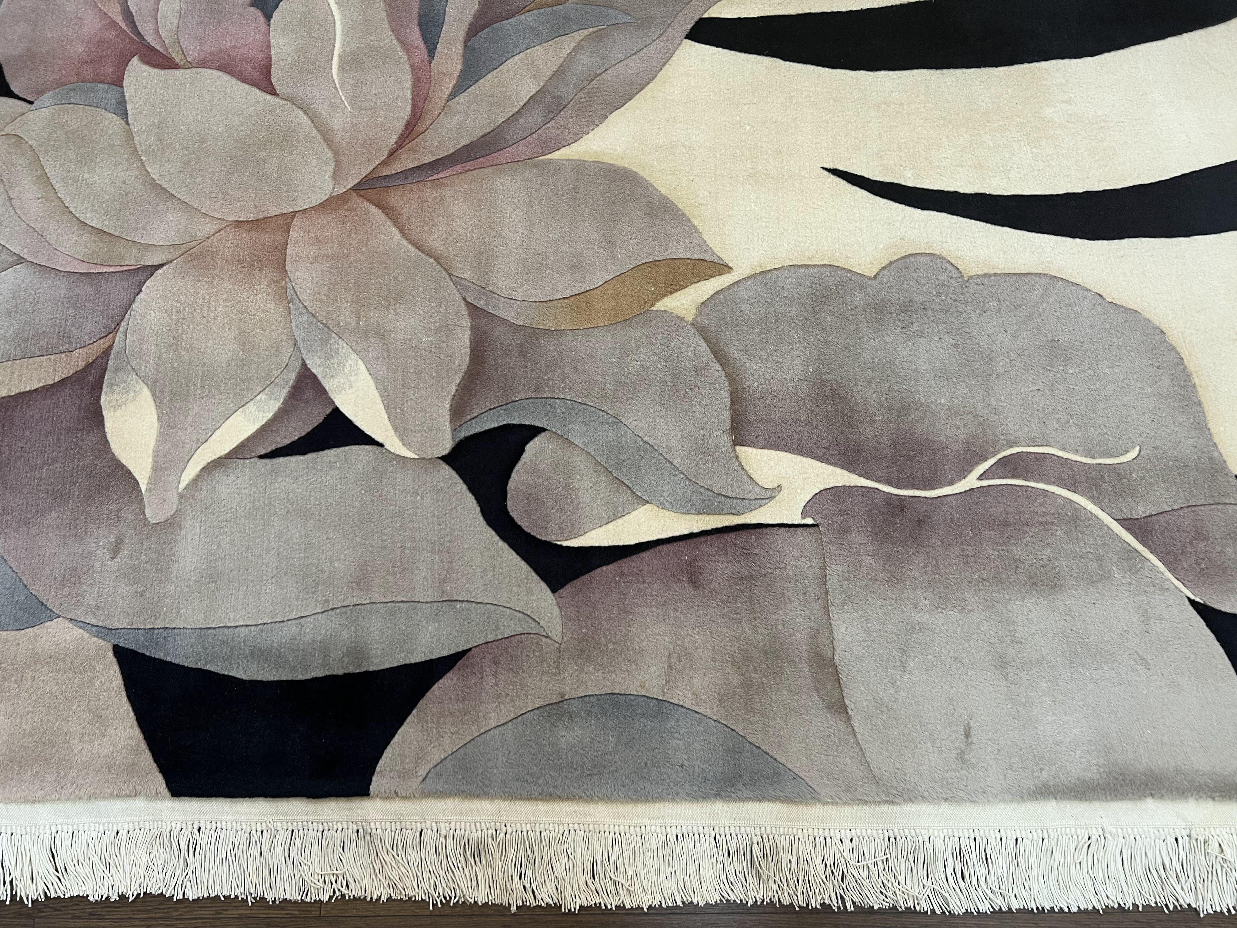 Chinese Wool Rug 9x12, Large Floral Modern Design, Soft Plush Pile, 120 Line Very Fine Chinese Carpet, Cream Gray Black, Unique Vintage Rug - Jewel Rugs